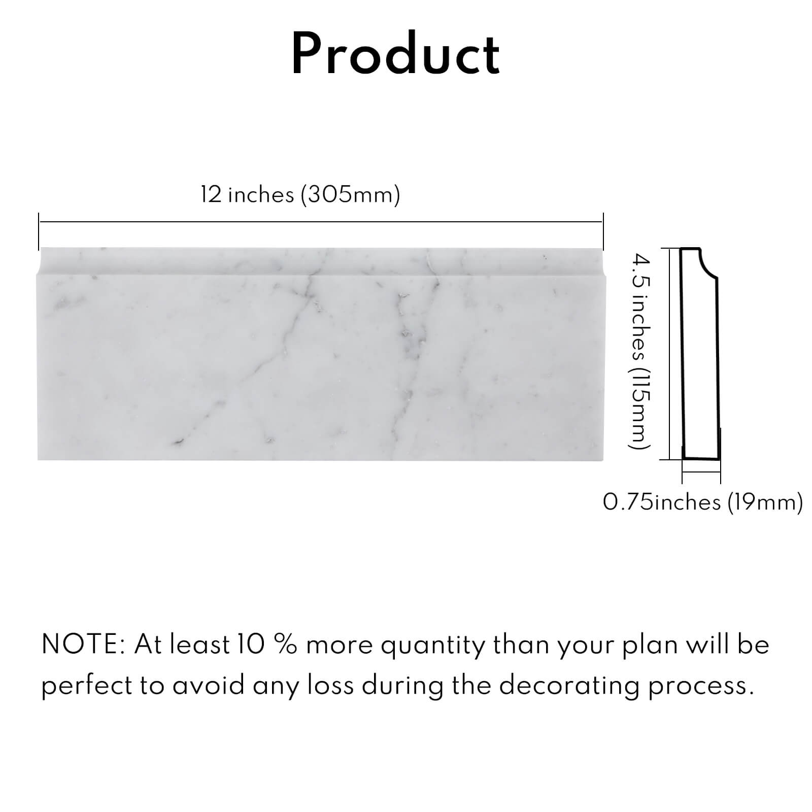 Bianco Carrara White Marble Baseboard Trim Molding, White, 4.5 x 12 Inch, Polished, MA34