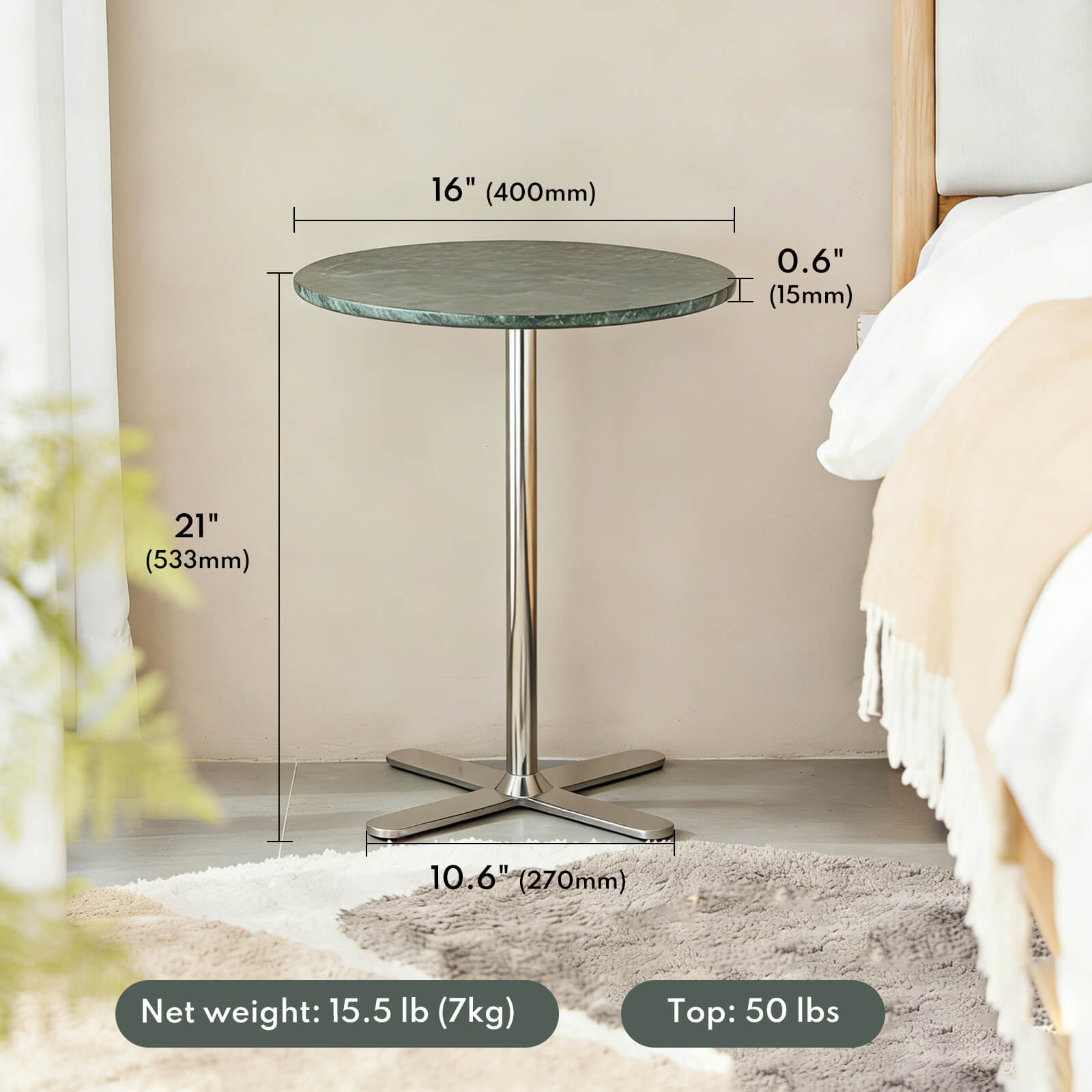 Lovdeco Green Marble Side Table, 16” Round Marble Top with Metal Base End Table Polished for Sofa, Living Room, Bedroom