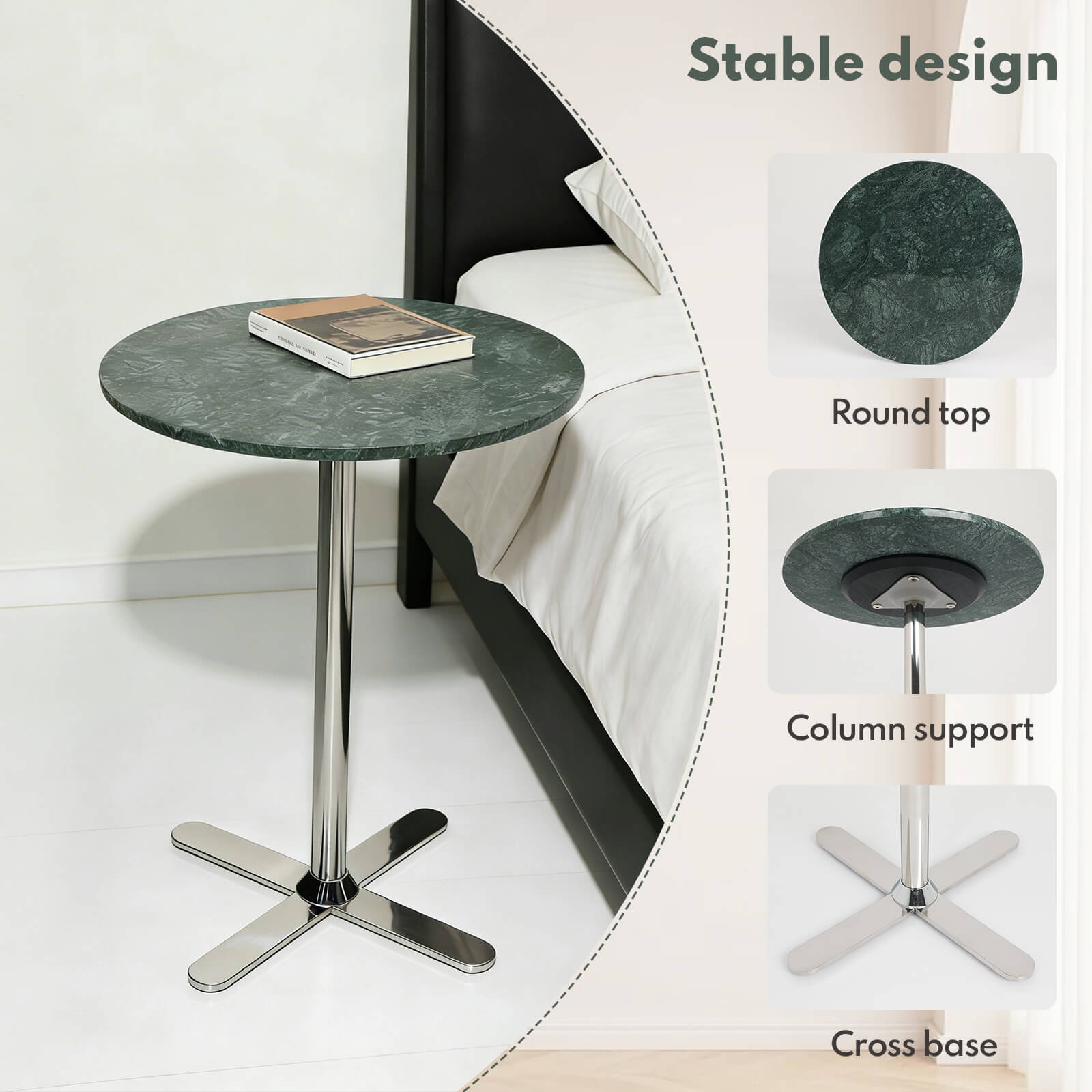 Lovdeco Green Marble Side Table, 16” Round Marble Top with Metal Base End Table Polished for Sofa, Living Room, Bedroom
