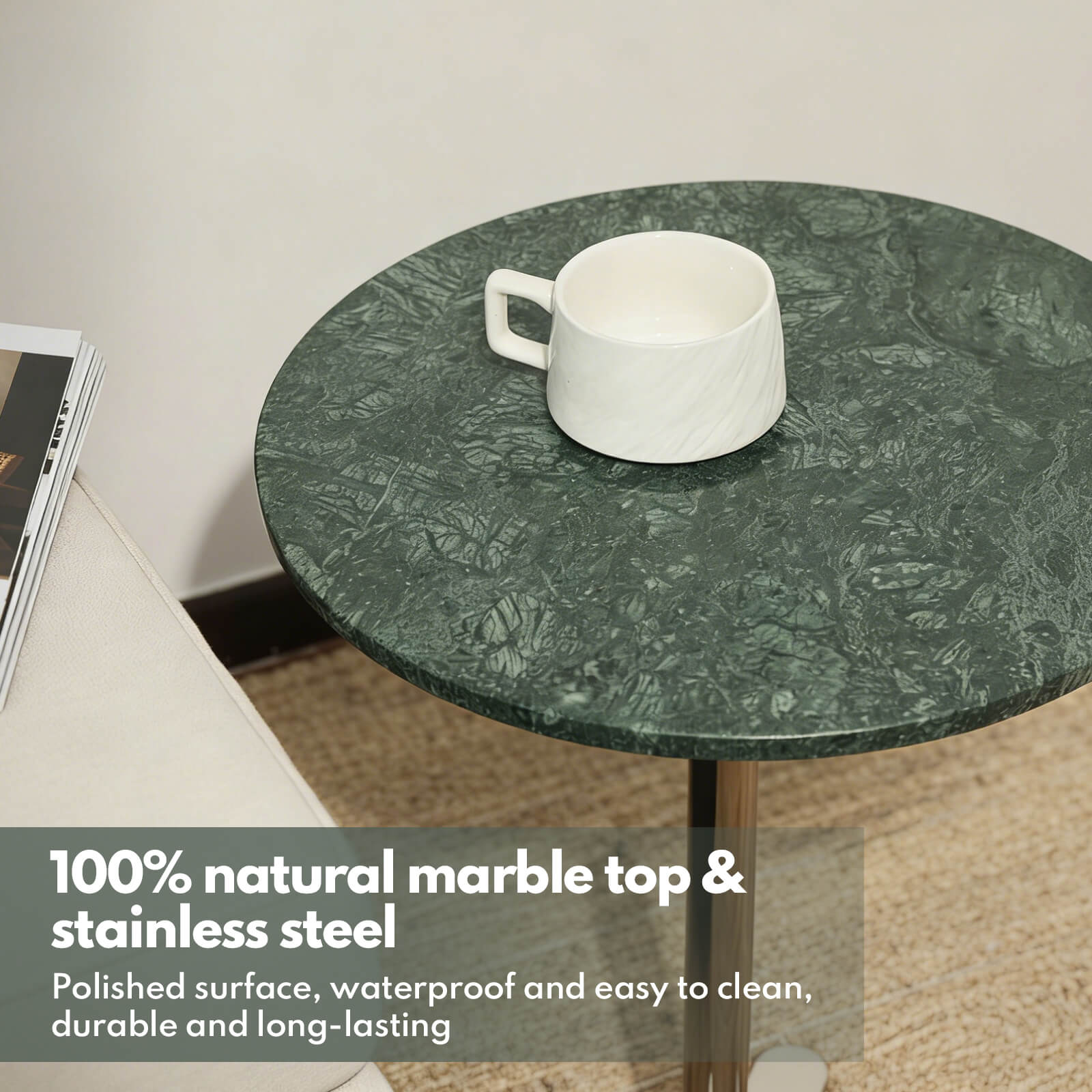 Lovdeco Green Marble Side Table, 16” Round Marble Top with Metal Base End Table Polished for Sofa, Living Room, Bedroom