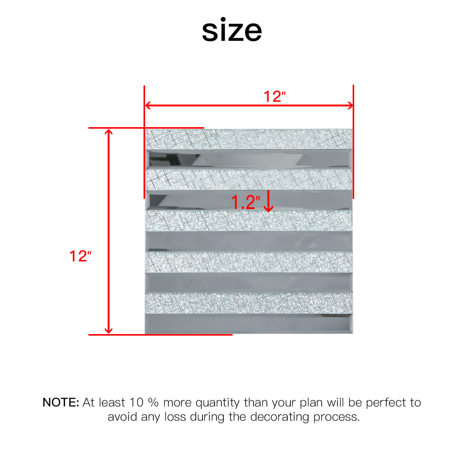 Peel And Stick Silver Beveled Mirror Glass Tile, Strip, 12*12 Inches, Glossy, MT1