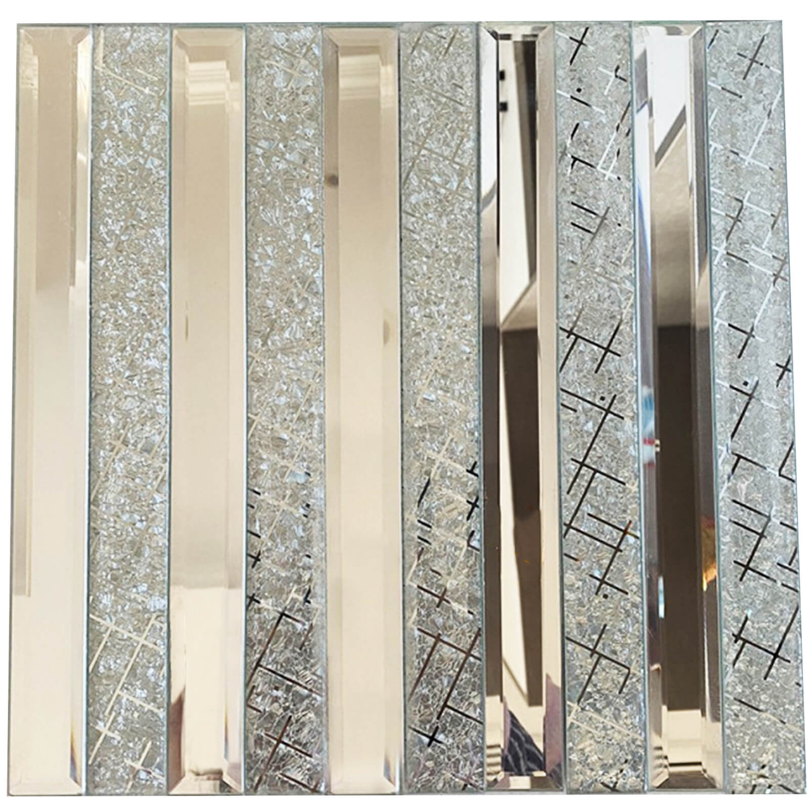 Peel And Stick Silver Beveled Mirror Glass Tile, Strip, 12*12 Inches, Glossy, MT1