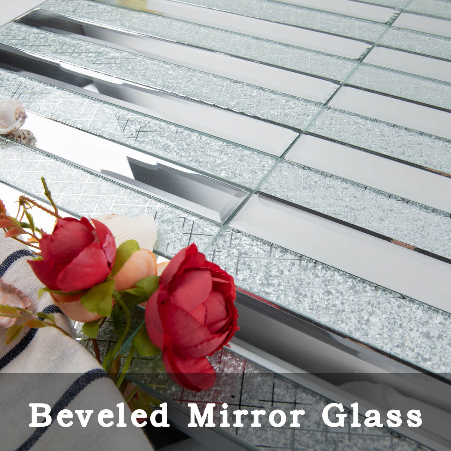 Peel And Stick Silver Beveled Mirror Glass Tile, Strip, 12*12 Inches, Glossy, MT1