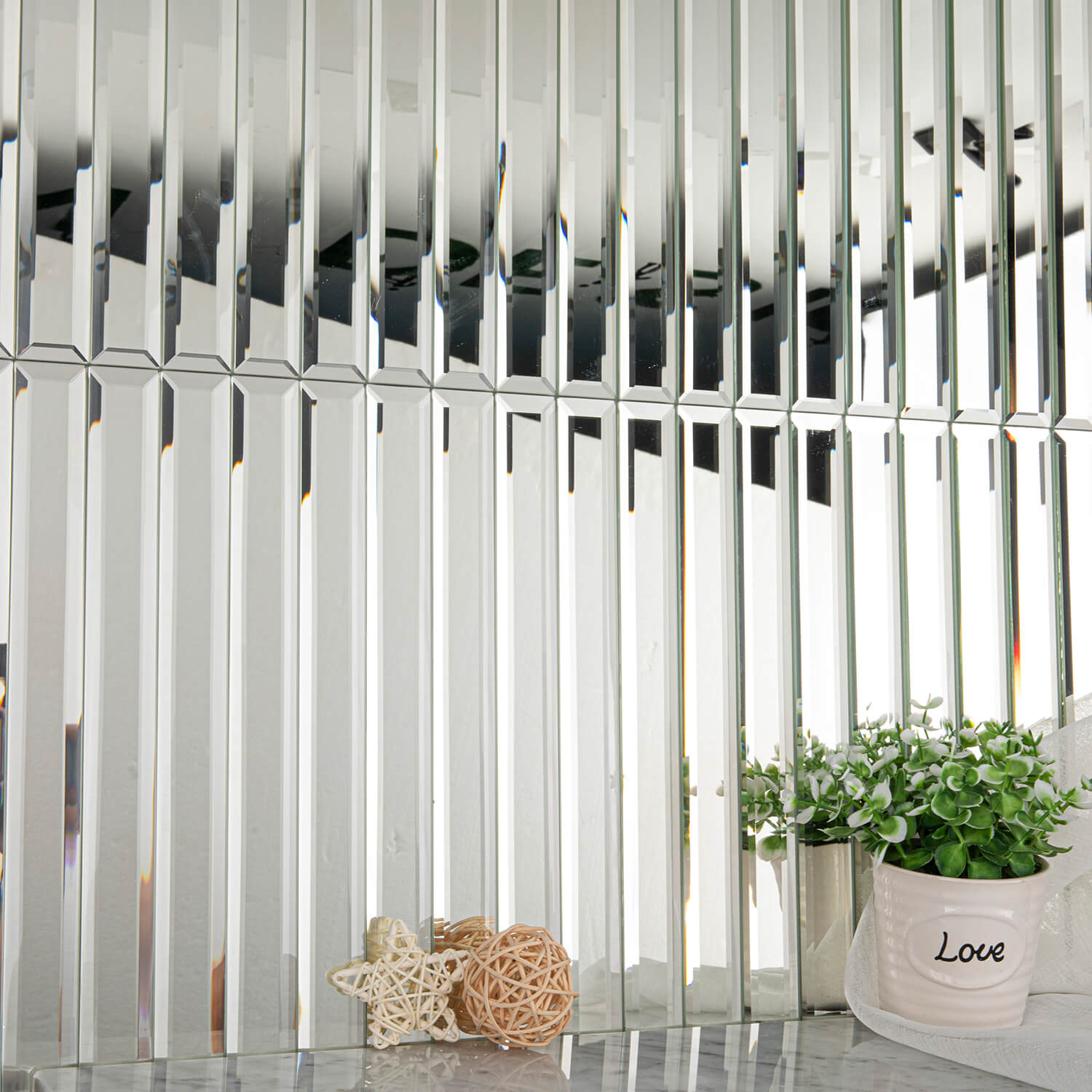 Peel And Stick Silver Beveled Mirror Tile, Strip, 12*12 Inches, Glossy, MT12