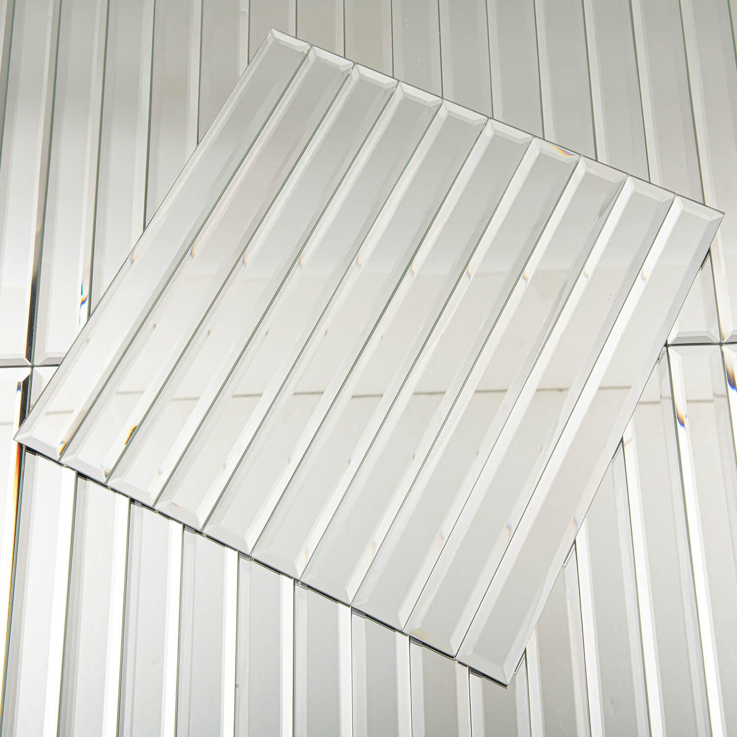 Peel And Stick Silver Beveled Mirror Tile, Strip, 12*12 Inches, Glossy, MT12