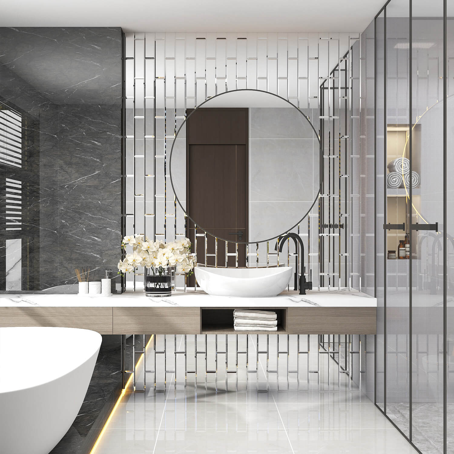 Peel And Stick Silver Beveled Mirror Glass Tile, Subway, 3*12 Inches, Glossy, MT14