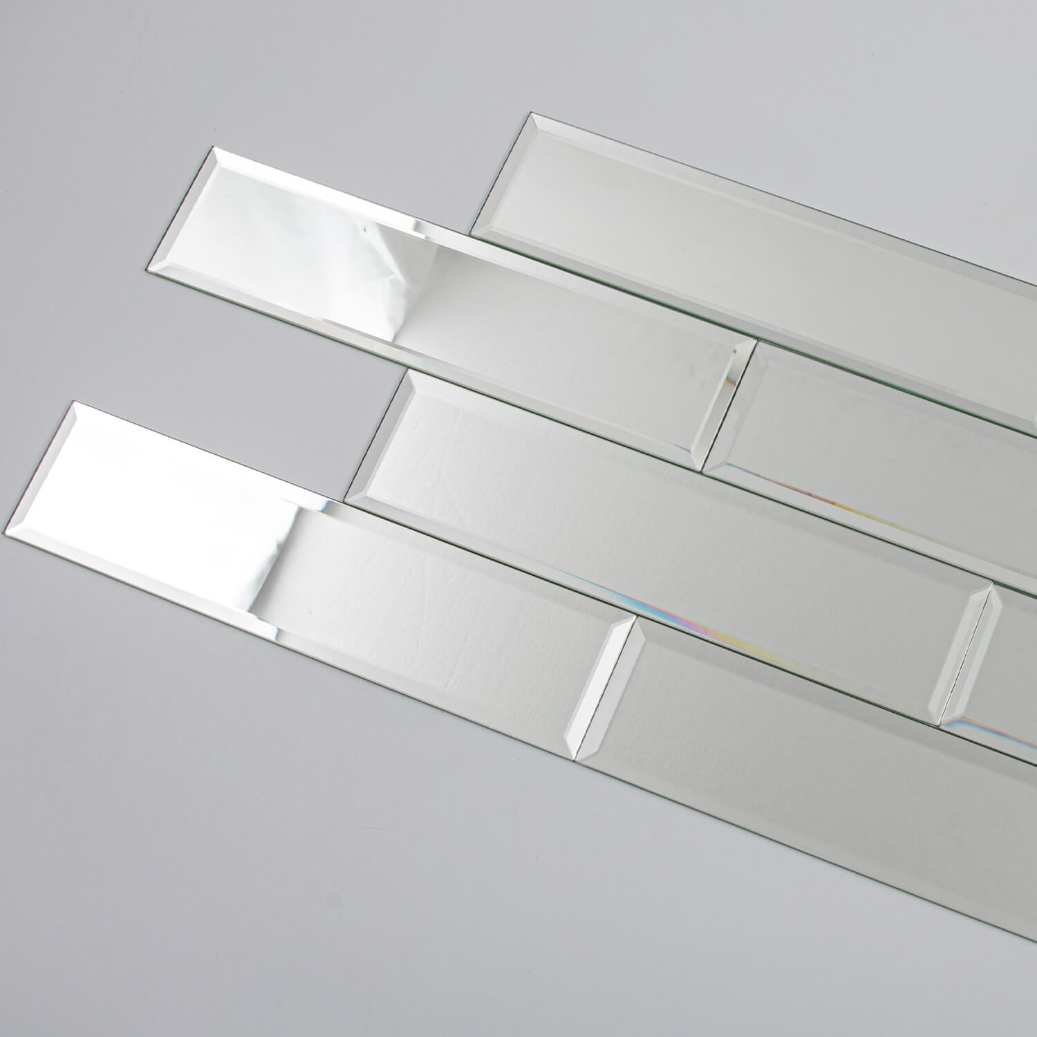 Peel And Stick Silver Beveled Mirror Glass Tile, Subway, 3*12 Inches, Glossy, MT14