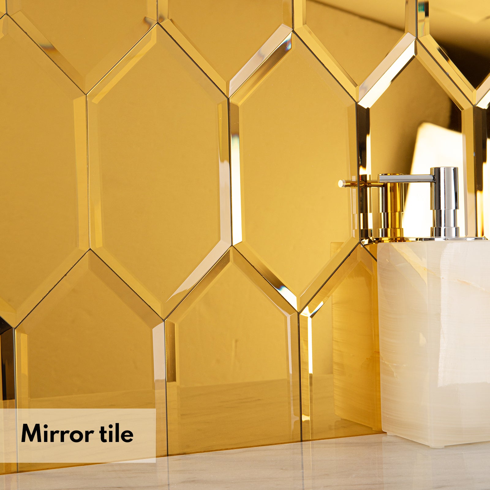 Lovdeco Peel and Stick Beveled Mirror Tile, Mirror Backsplash for Kitchen Bathroom Wall, 4x7.87 Inches Hexagon, Gold (30 Pcs, 4.8 SQ.FT.)