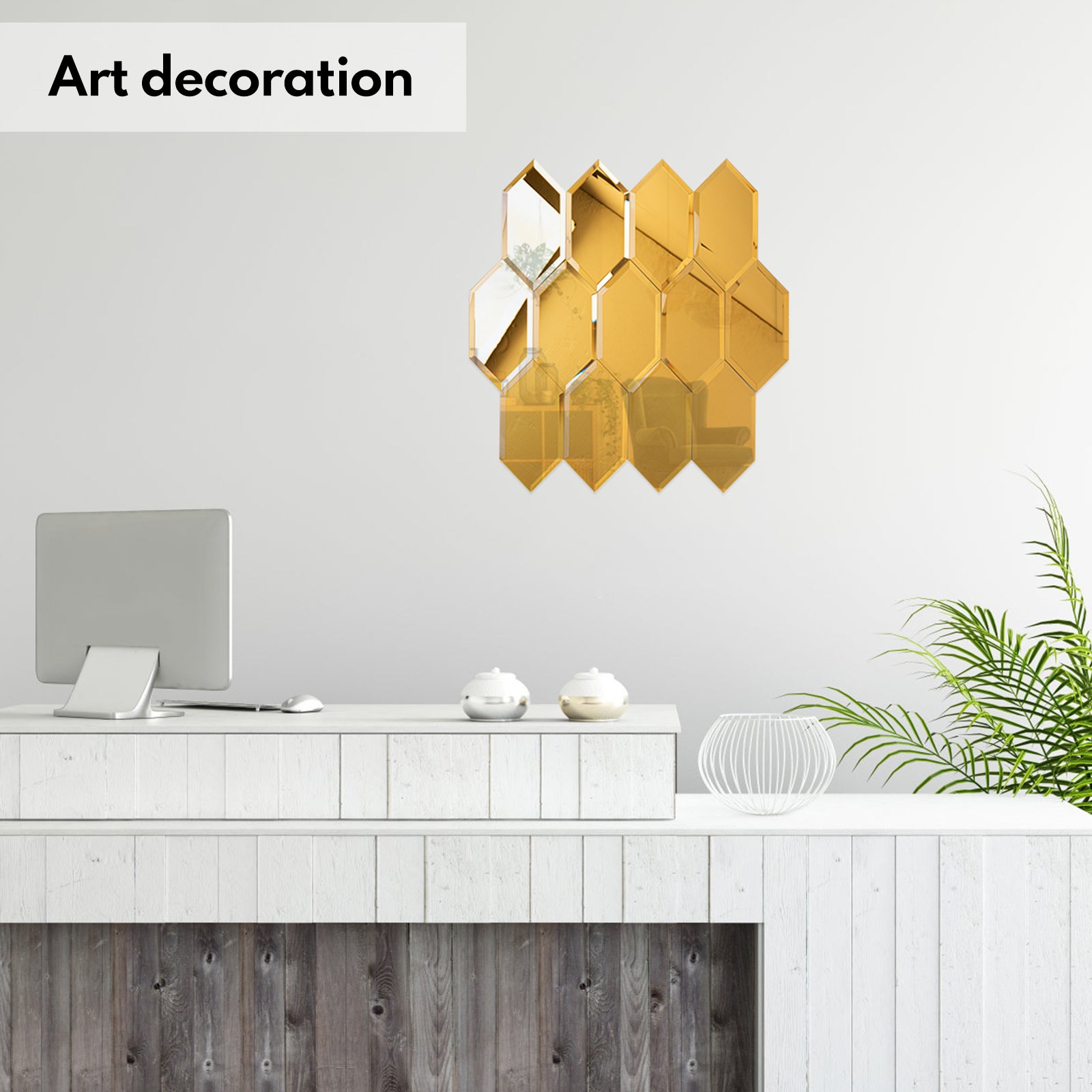 Lovdeco Peel and Stick Beveled Mirror Tile, Mirror Backsplash for Kitchen Bathroom Wall, 4x7.87 Inches Hexagon, Gold (30 Pcs, 4.8 SQ.FT.)