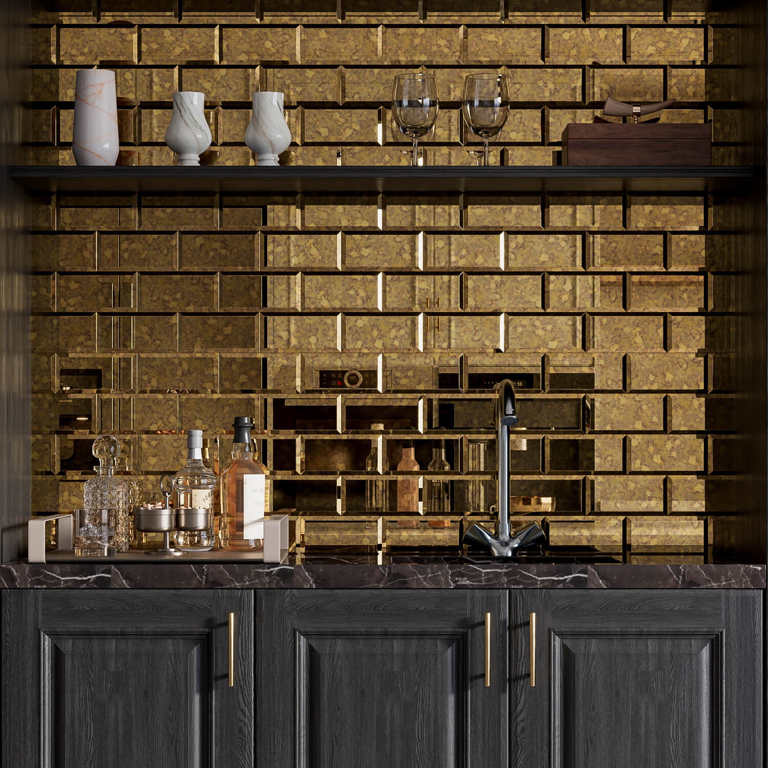 Lovdeco Peel and Stick Beveled Gold Antique Mirror Tile Subway Mirror Glass Backsplash 3x6 Inch for Kitchen Bathroom Wall (40 Pcs, 5 SQ.FT.)