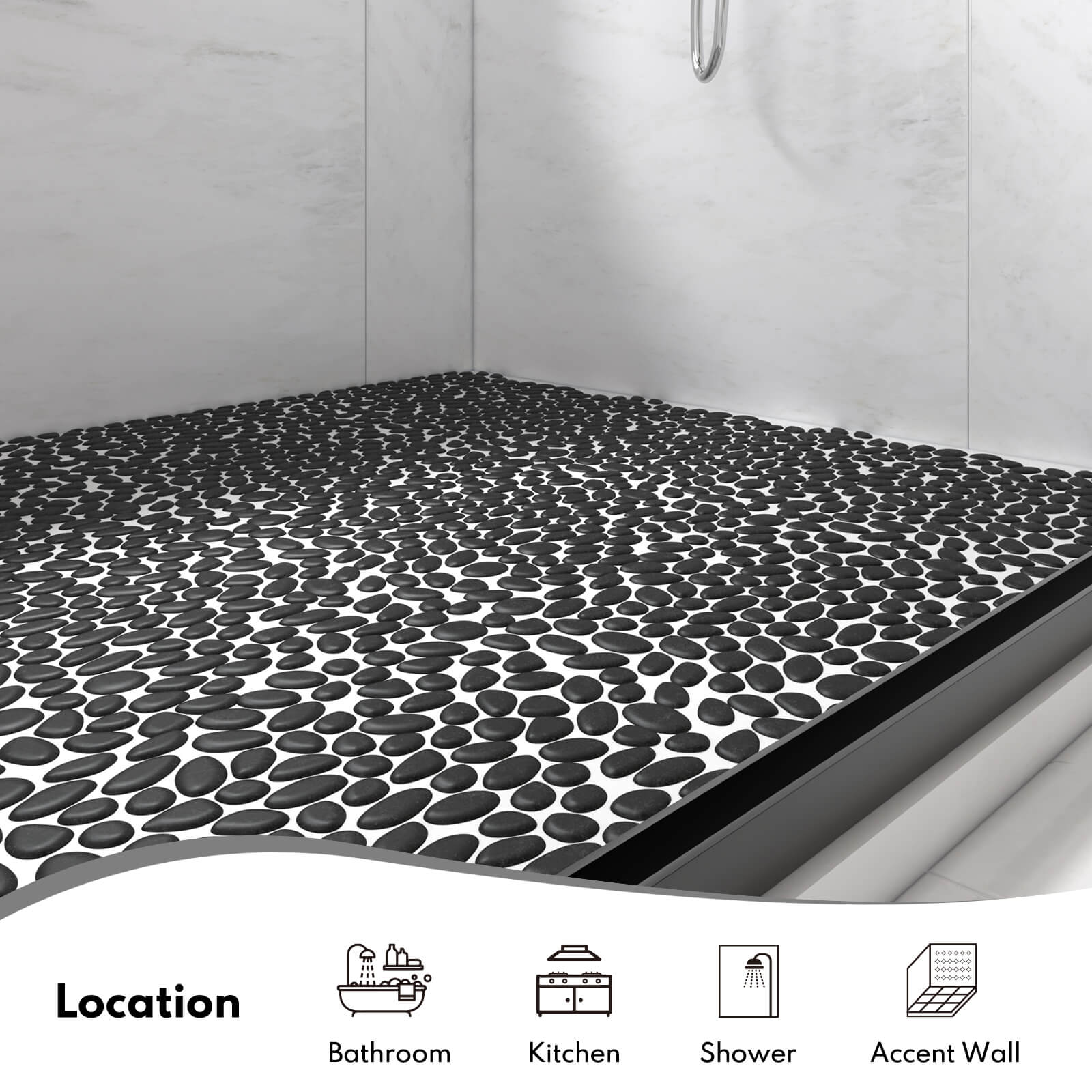 Pebble Tile Shower Floor, Mosaic Pebble Backsplash for Wall, Stone Tiles for Bathroom and Outdoor Garden, 5 Sheets, Black