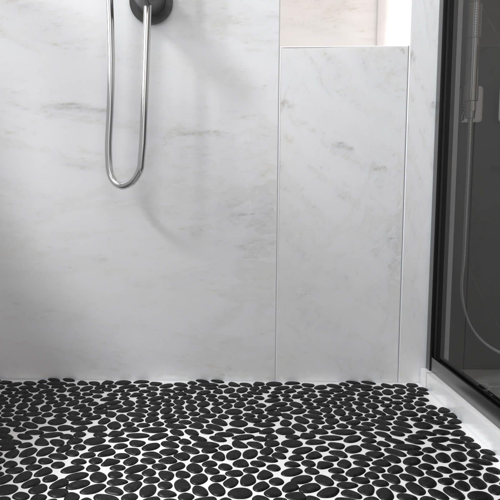 Pebble Tile Shower Floor, Mosaic Pebble Backsplash for Wall, Stone Tiles for Bathroom and Outdoor Garden, 5 Sheets, Black