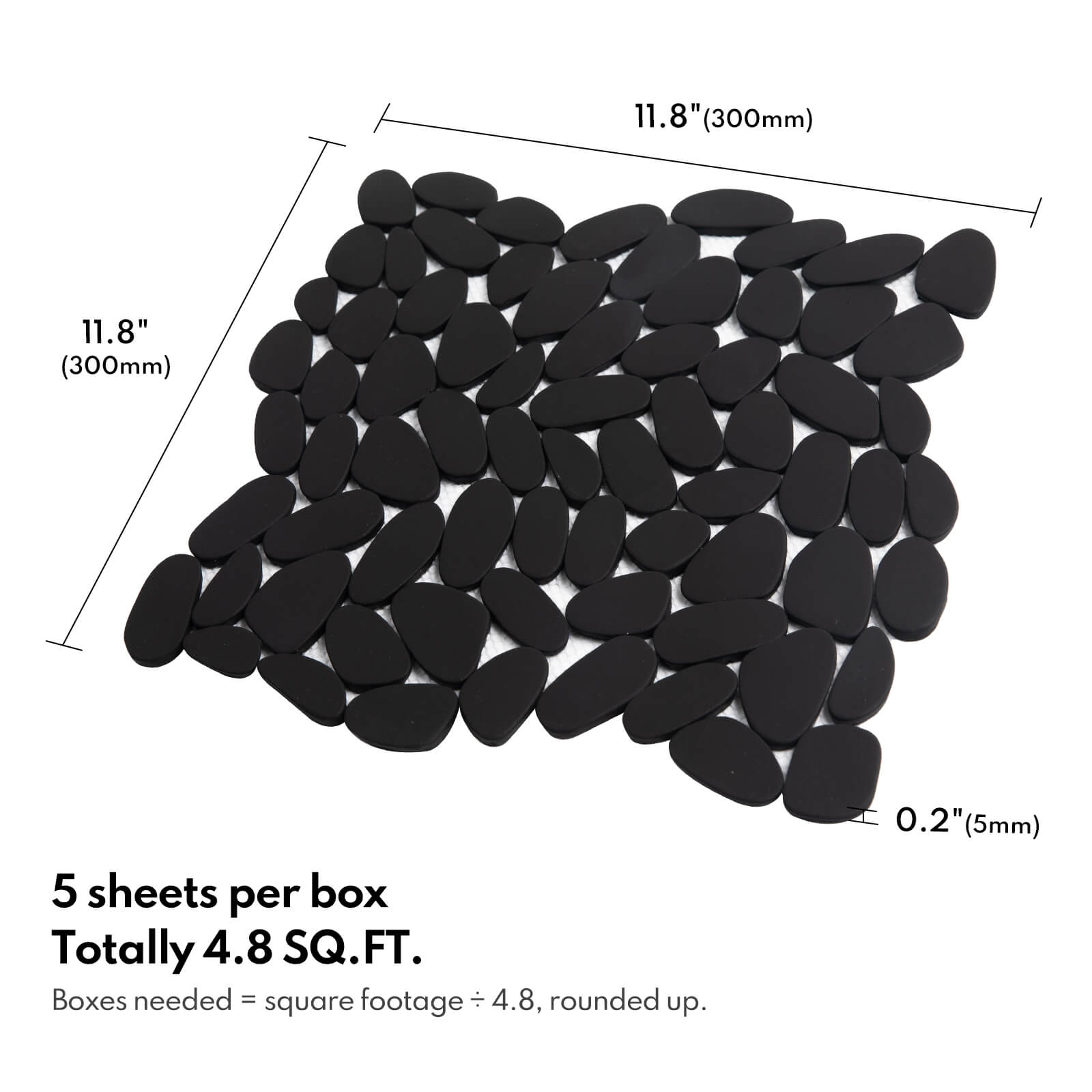 Long Pebble Tile Shower Floor, Mosaic Pebble Backsplash for Wall, Stone Tiles for Bathroom and Outdoor Garden, 5 Sheets, Black