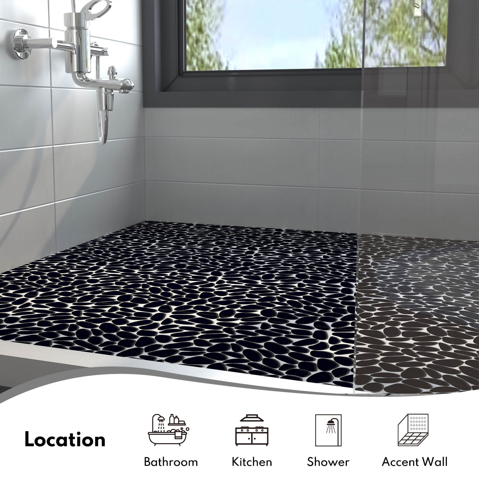 Long Pebble Tile Shower Floor, Mosaic Pebble Backsplash for Wall, Stone Tiles for Bathroom and Outdoor Garden, 5 Sheets, Black