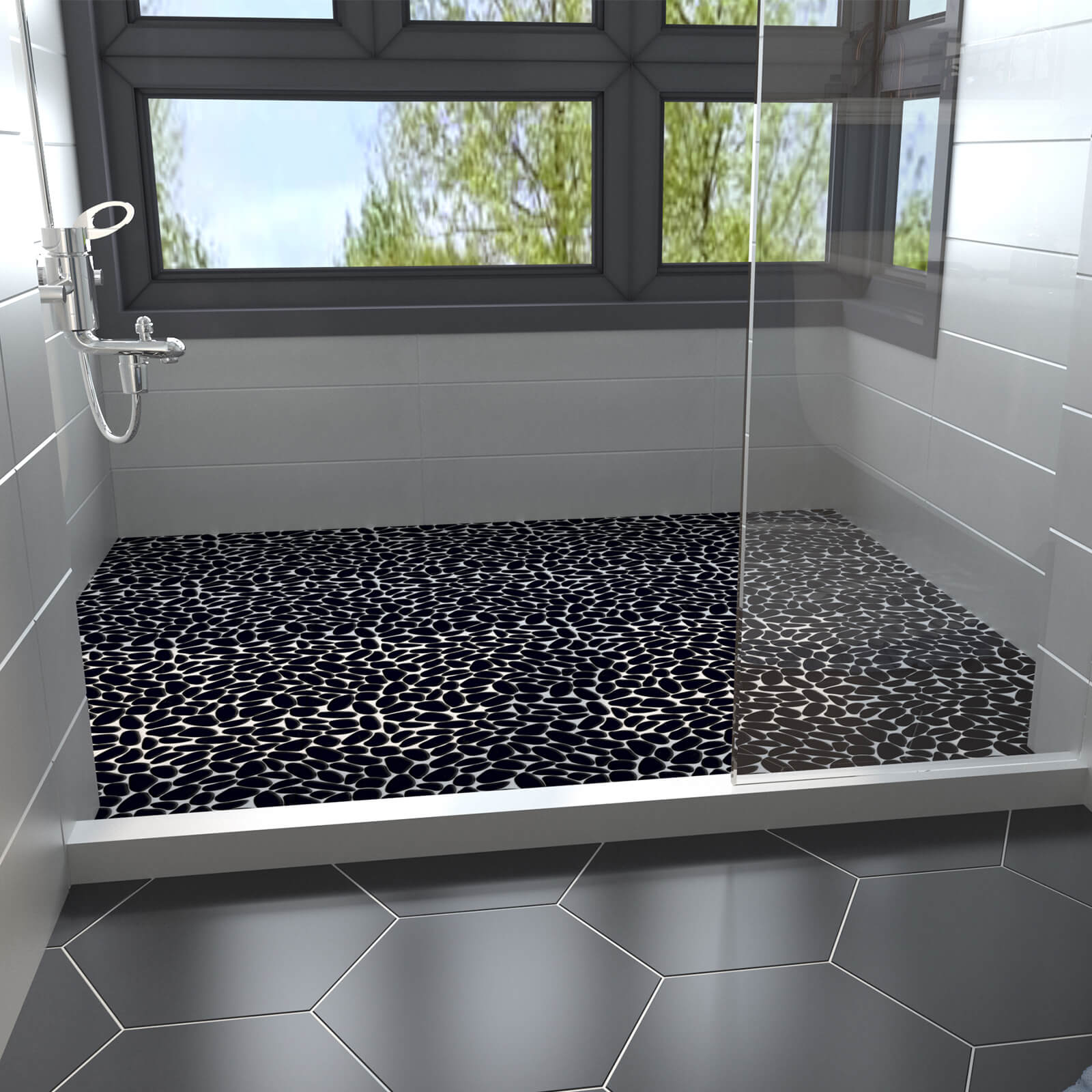 Long Pebble Tile Shower Floor, Mosaic Pebble Backsplash for Wall, Stone Tiles for Bathroom and Outdoor Garden, 5 Sheets, Black