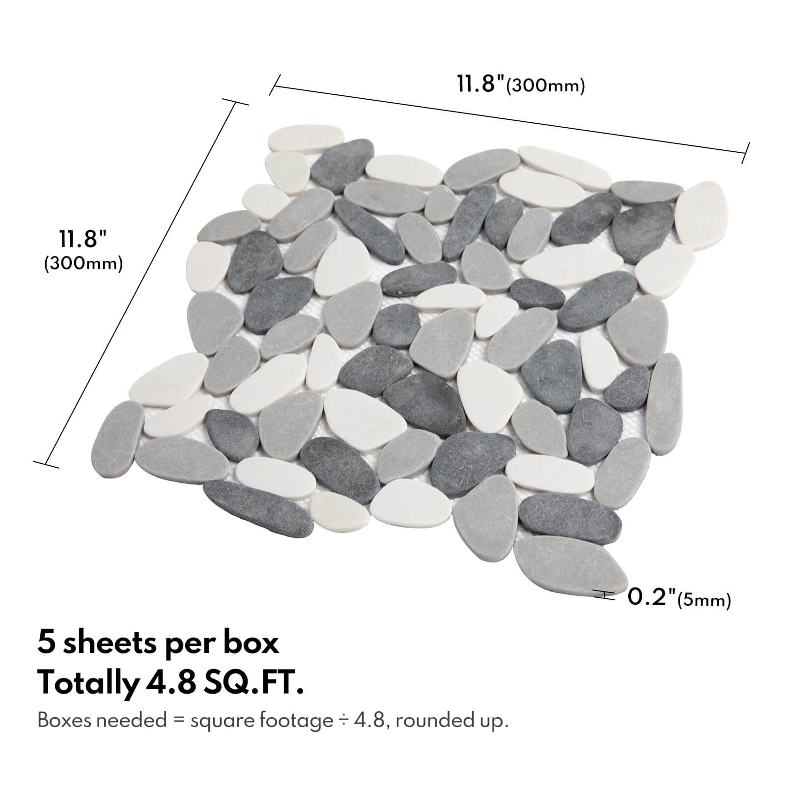 Long Pebble Tile Shower Floor, Mosaic Pebble Backsplash for Wall, Stone Tiles for Bathroom and Outdoor Garden, 5 Sheets, White and Grey