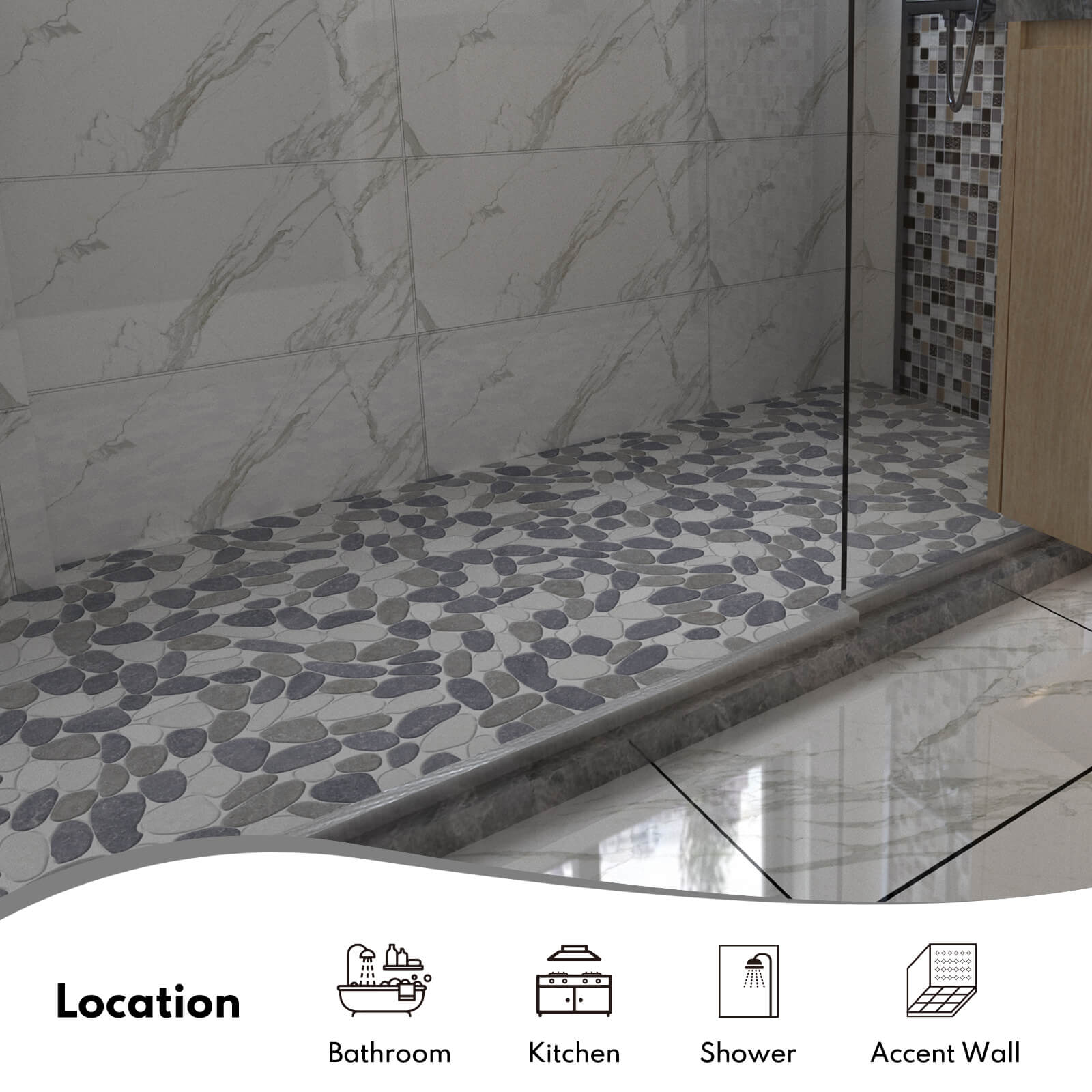 Long Pebble Tile Shower Floor, Mosaic Pebble Backsplash for Wall, Stone Tiles for Bathroom and Outdoor Garden, 5 Sheets, White and Grey