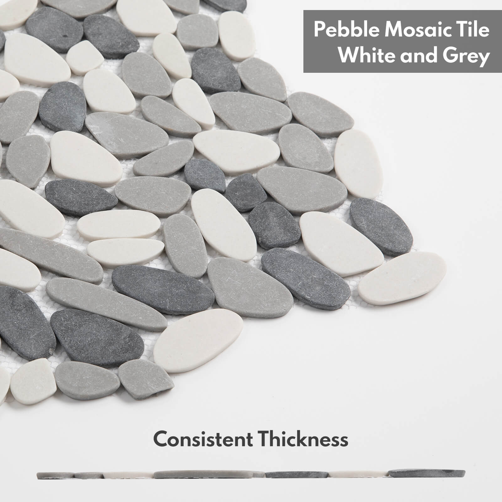 Long Pebble Tile Shower Floor, Mosaic Pebble Backsplash for Wall, Stone Tiles for Bathroom and Outdoor Garden, 5 Sheets, White and Grey