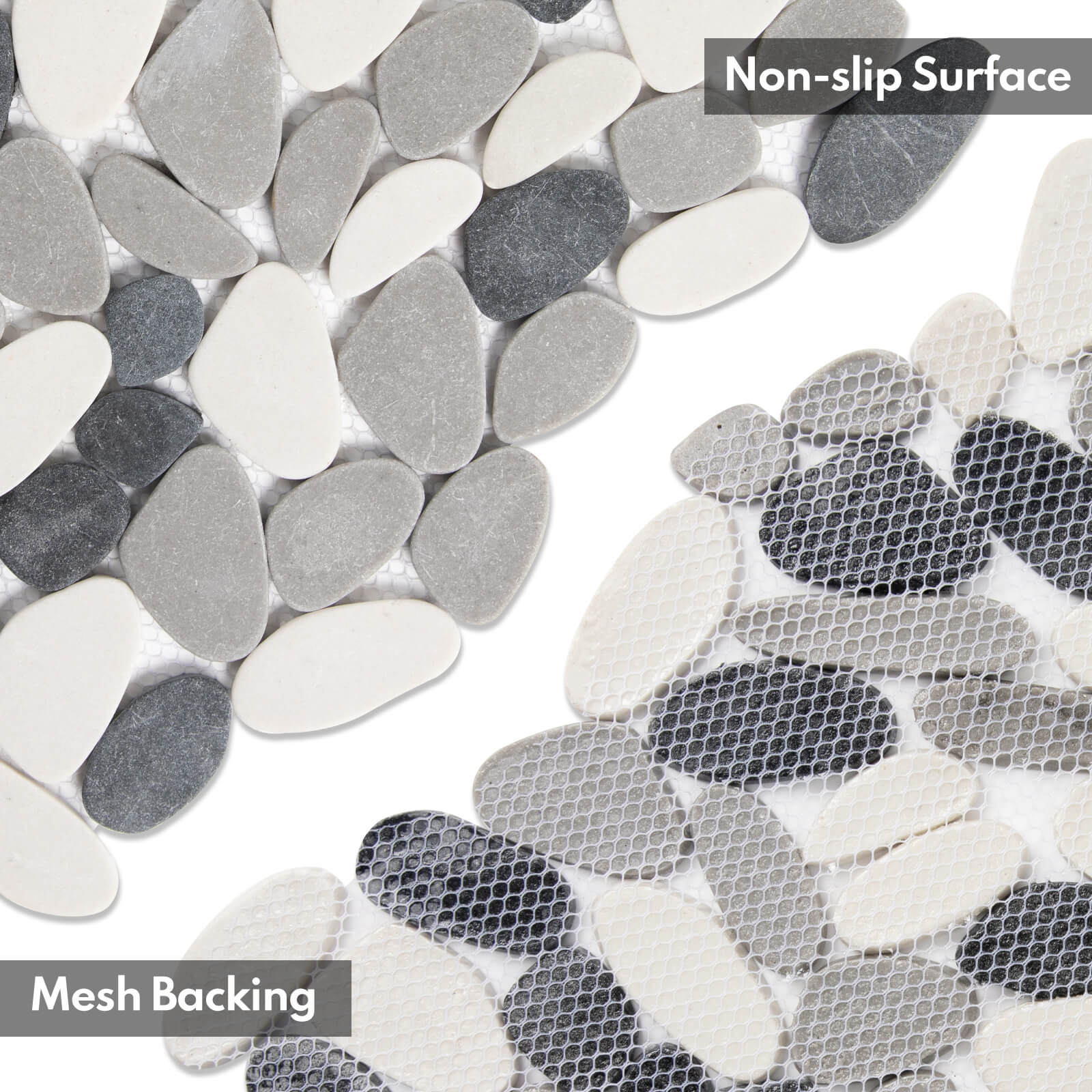 Long Pebble Tile Shower Floor, Mosaic Pebble Backsplash for Wall, Stone Tiles for Bathroom and Outdoor Garden, 5 Sheets, White and Grey