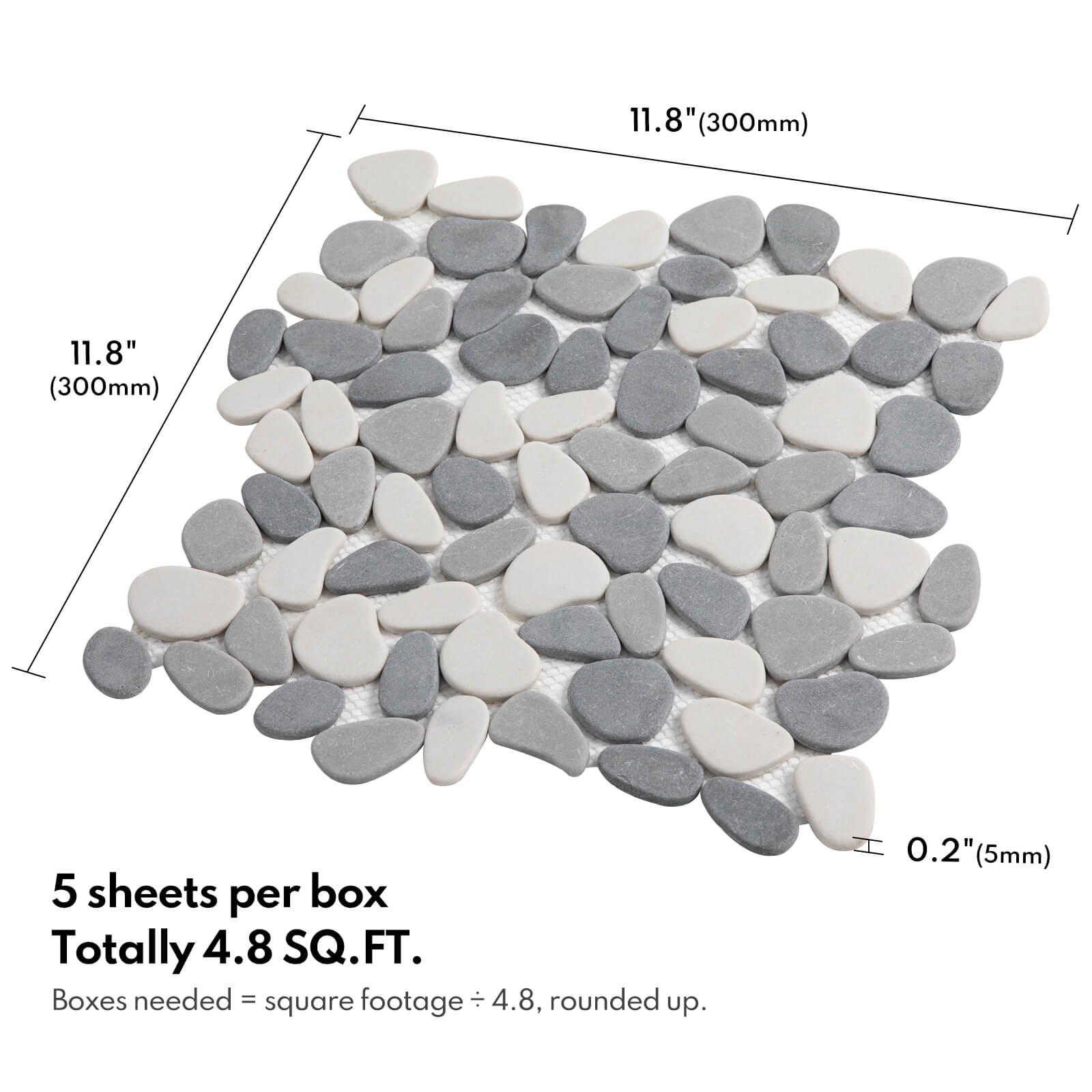 Pebble Tile Shower Floor, Mosaic Pebble Backsplash for Wall, Stone Tiles for Bathroom and Outdoor Garden, 5 Sheets, White and Grey