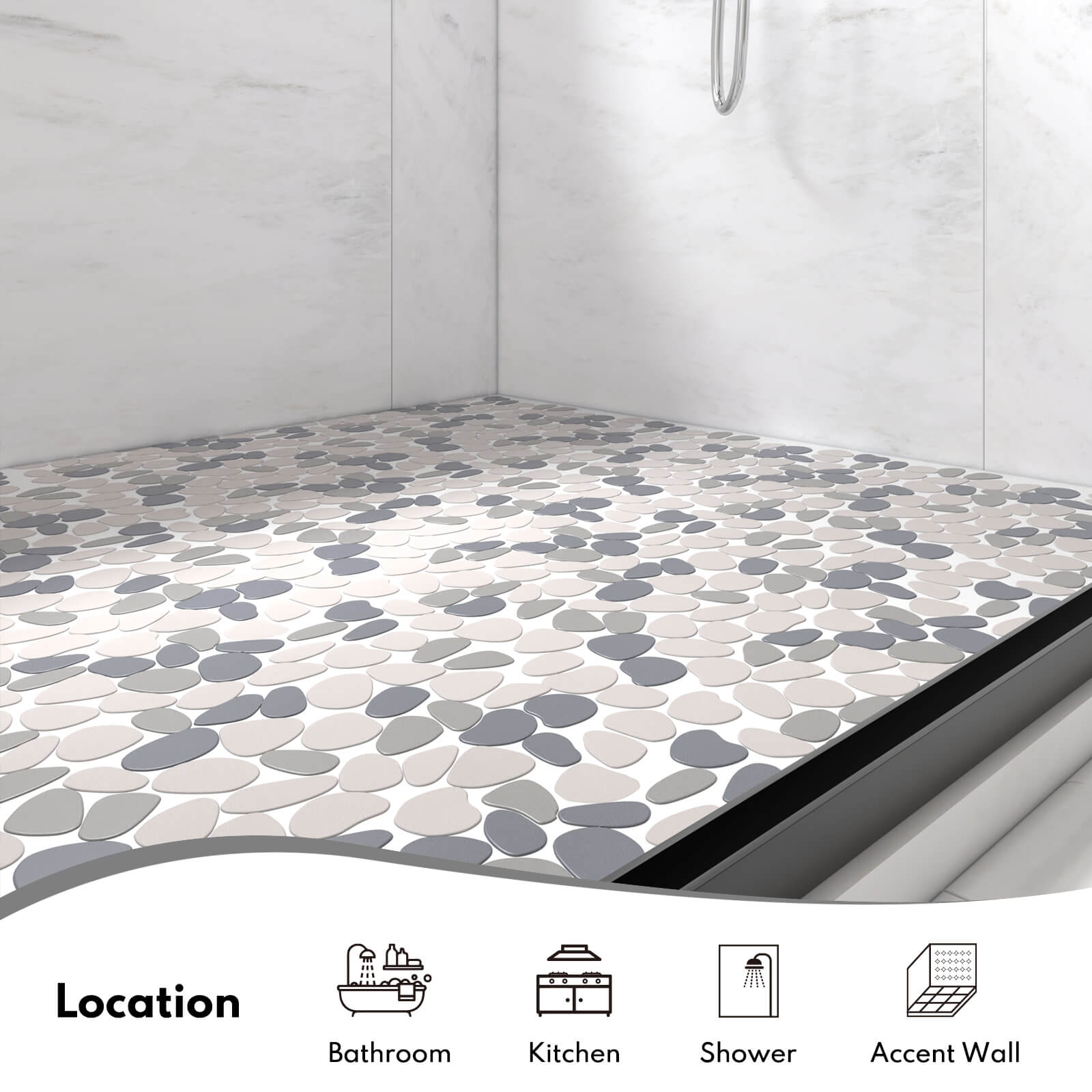 Pebble Tile Shower Floor, Mosaic Pebble Backsplash for Wall, Stone Tiles for Bathroom and Outdoor Garden, 5 Sheets, White and Grey
