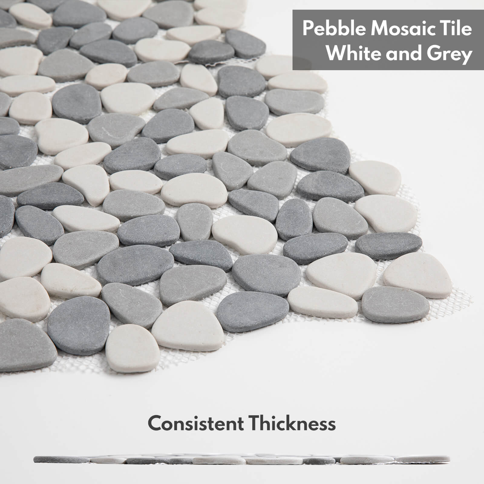 Pebble Tile Shower Floor, Mosaic Pebble Backsplash for Wall, Stone Tiles for Bathroom and Outdoor Garden, 5 Sheets, White and Grey