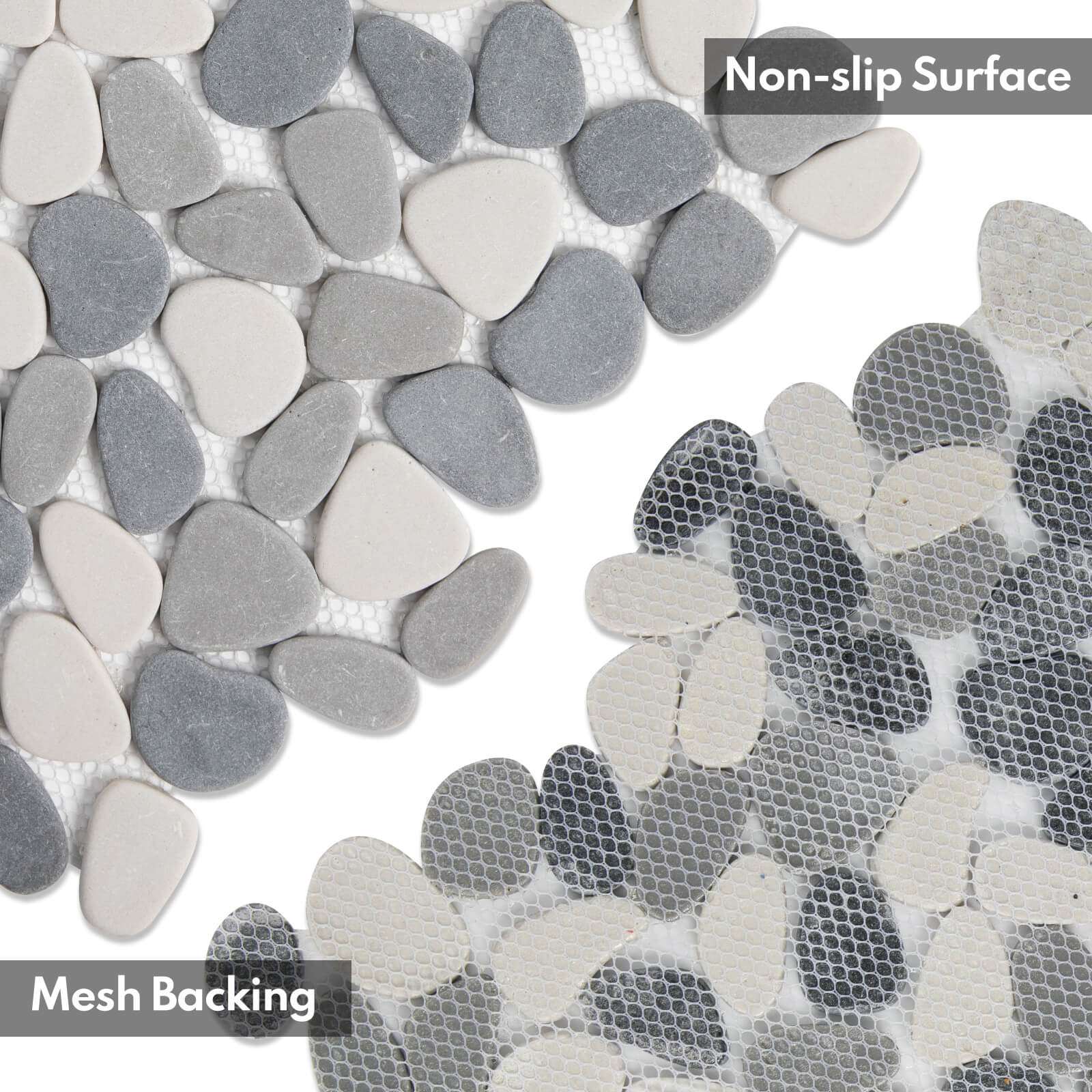 Pebble Tile Shower Floor, Mosaic Pebble Backsplash for Wall, Stone Tiles for Bathroom and Outdoor Garden, 5 Sheets, White and Grey