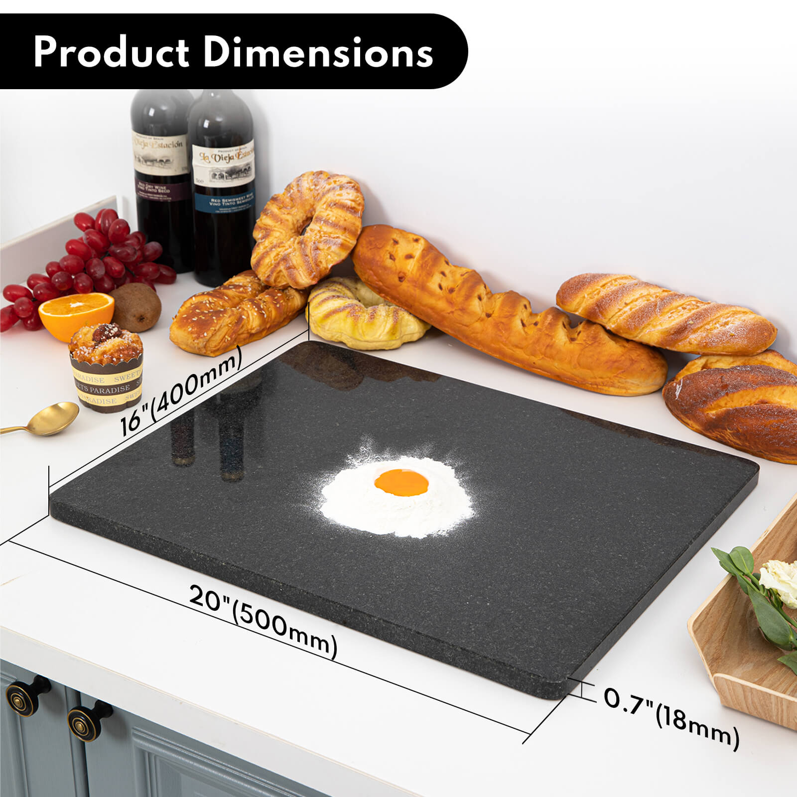 Granite Black Cutting Board, Pastry Board For Kitchen, Large Black Marble Slab Gift With Non-Slip Feets, 16x20 Inch, 1 Piece