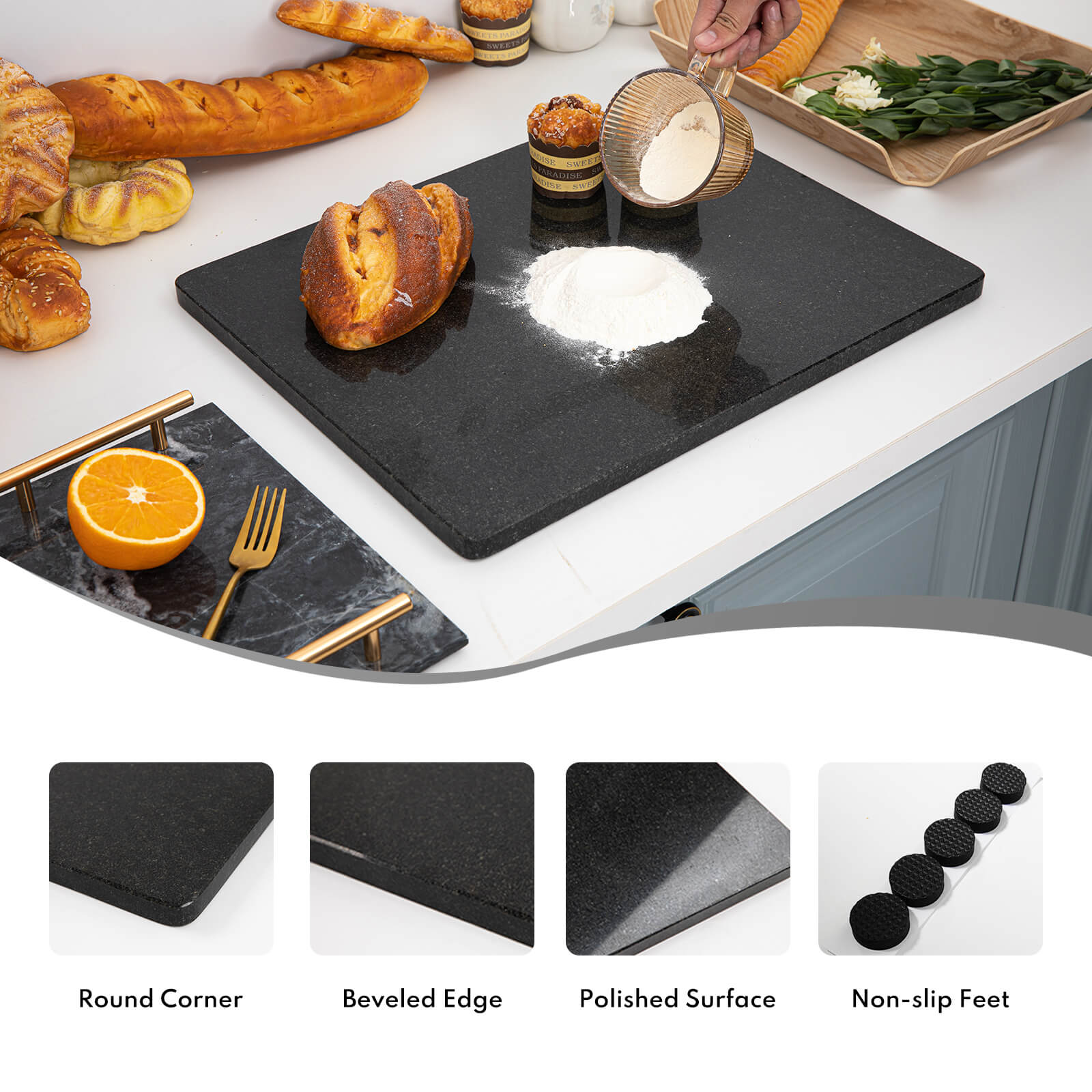 Granite Black Cutting Board, Pastry Board For Kitchen, Large Black Marble Slab Gift With Non-Slip Feets, 16x20 Inch, 1 Piece