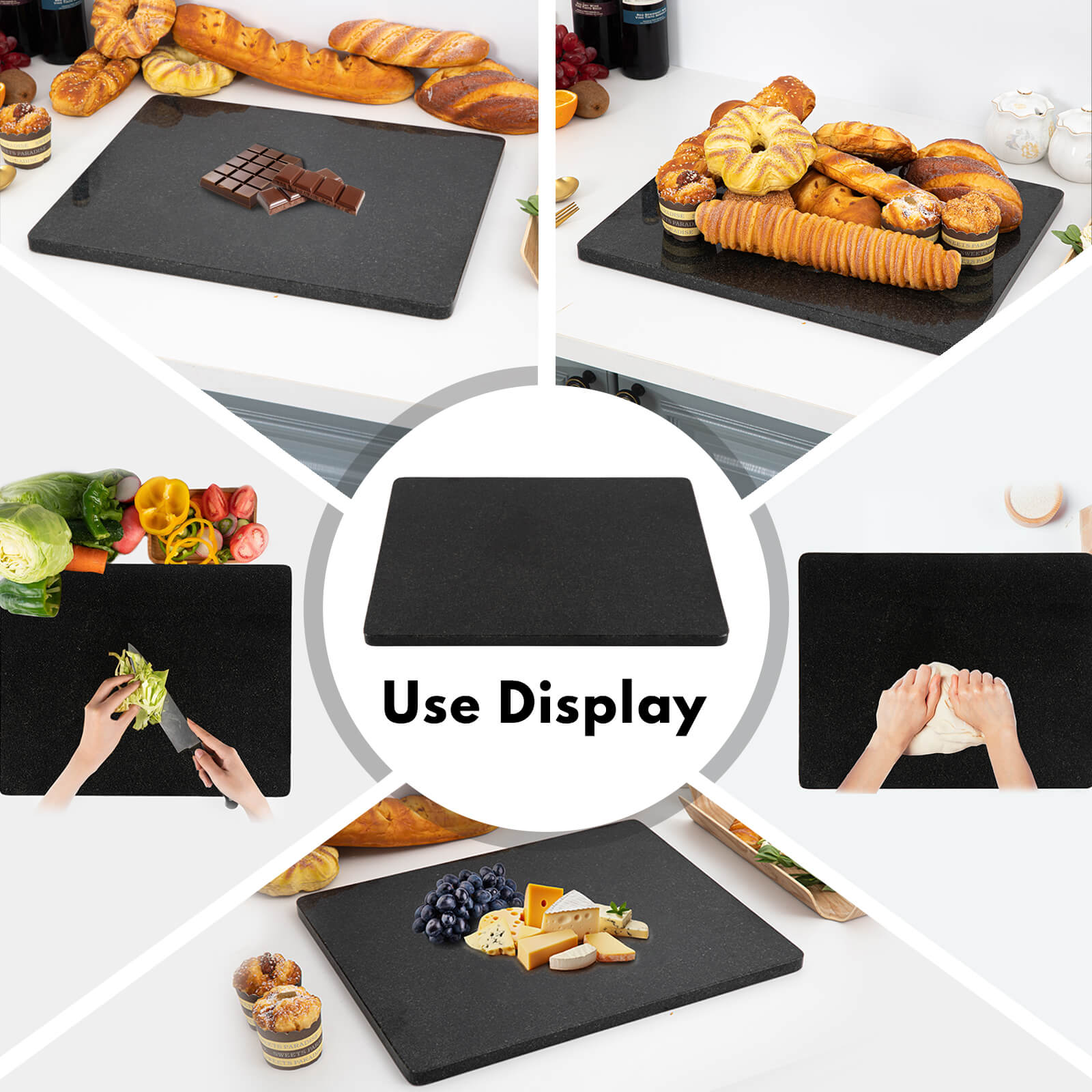 Granite Black Cutting Board, Pastry Board For Kitchen, Large Black Marble Slab Gift With Non-Slip Feets, 16x20 Inch, 1 Piece