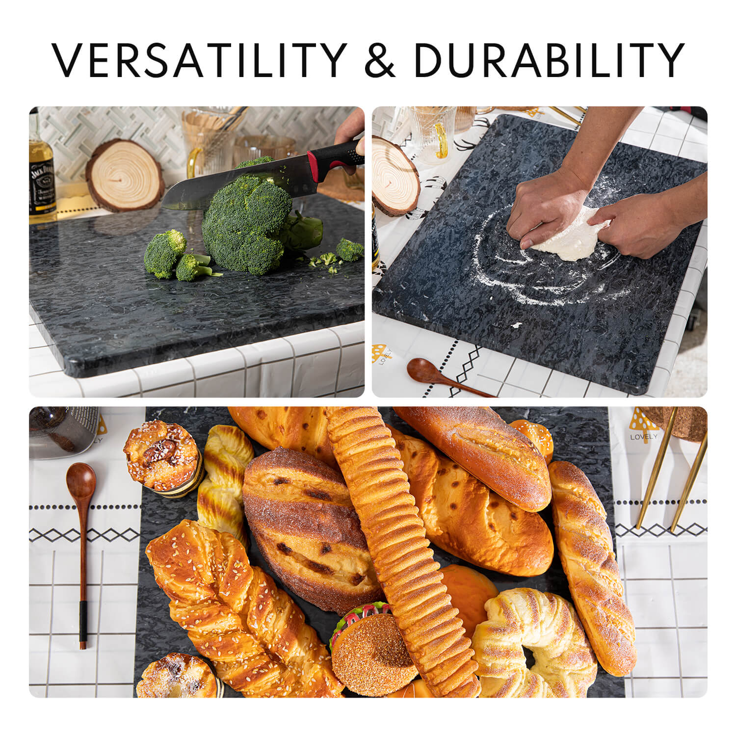 Marble Cutting Board, Pastry Board For Kitchen, Large Black Marble Slab Gift With Non-Slip Feets, 16x20 Inch, 1 Piece