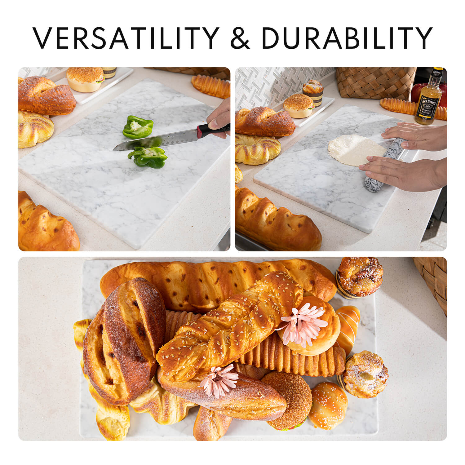 Marble Cutting Board, Pastry Board For Kitchen, Carrara White Marble Slab Gift With Non-Slip Feets, 12x20 Inch, 1 Piece