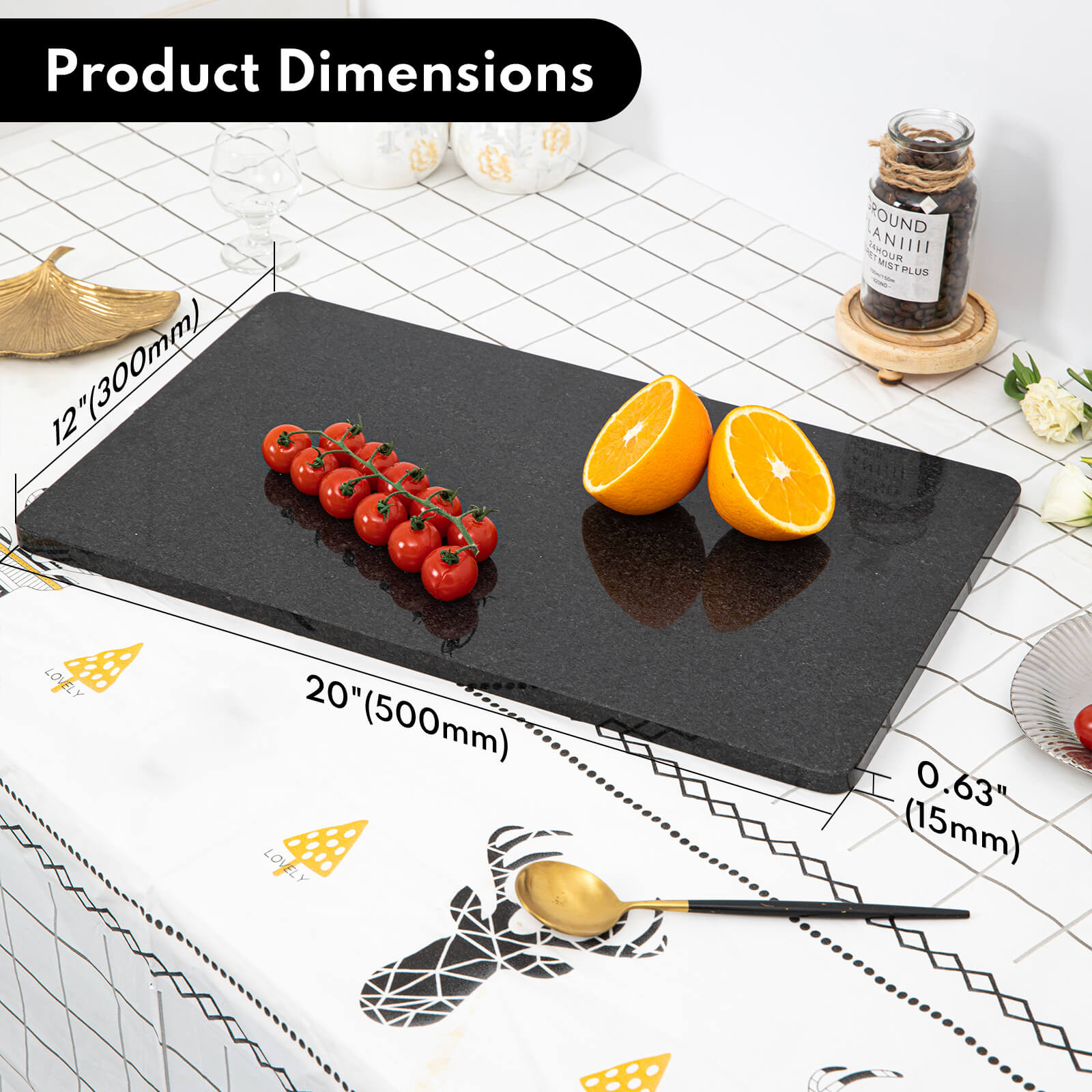 Granite Black Cutting Board, Pastry Board For Kitchen, Black Marble Slab Gift With Non-Slip Feets, 12x20 Inch, 1 Piece