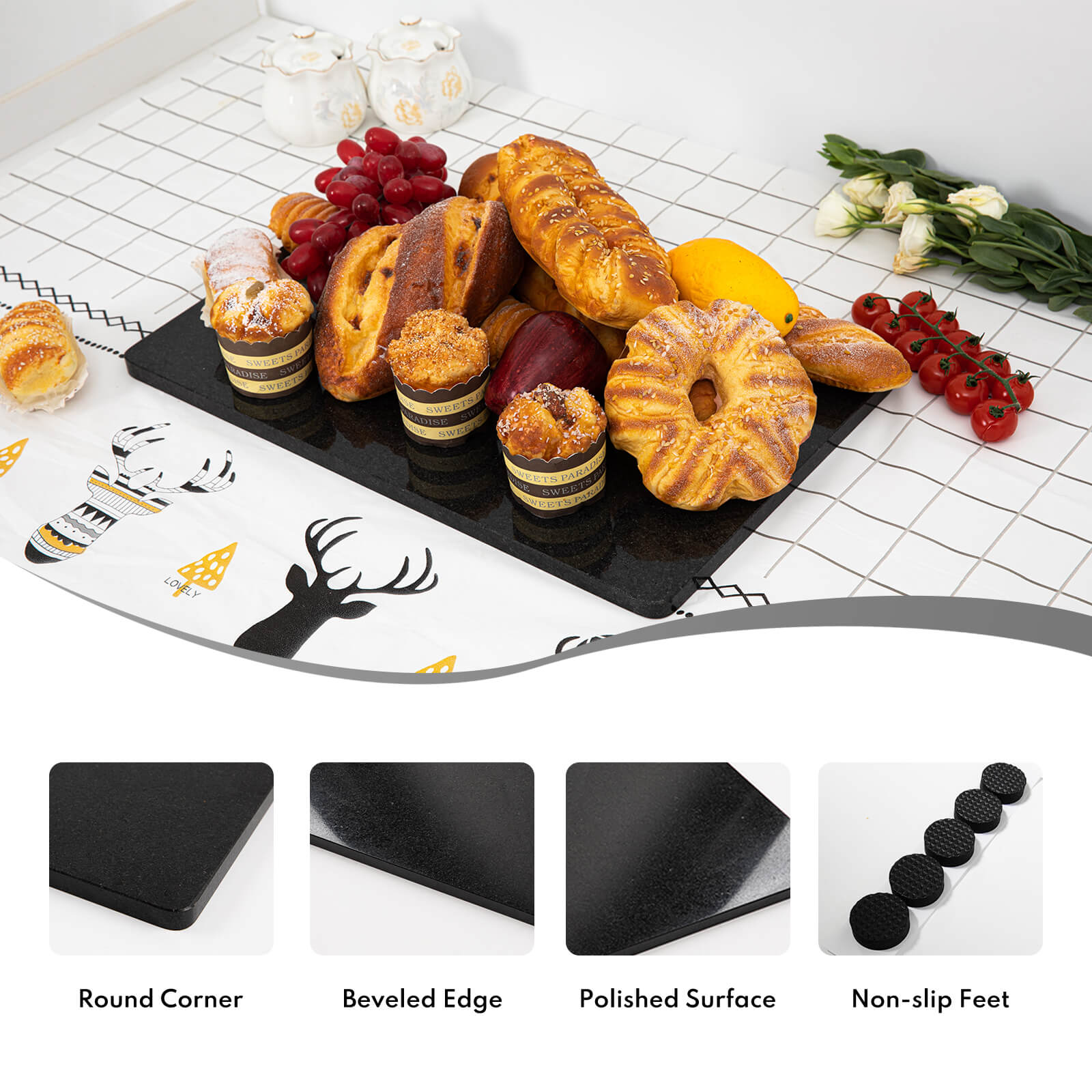 Granite Black Cutting Board, Pastry Board For Kitchen, Black Marble Slab Gift With Non-Slip Feets, 12x20 Inch, 1 Piece