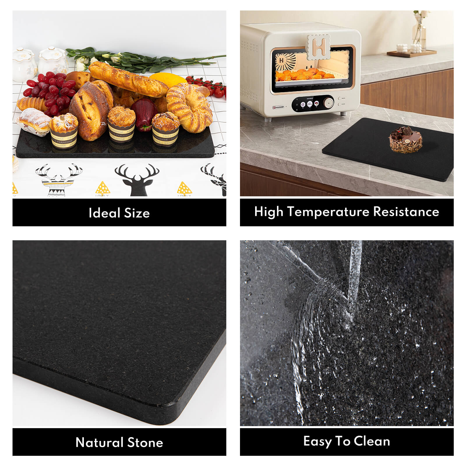 Granite Black Cutting Board, Pastry Board For Kitchen, Black Marble Slab Gift With Non-Slip Feets, 12x20 Inch, 1 Piece