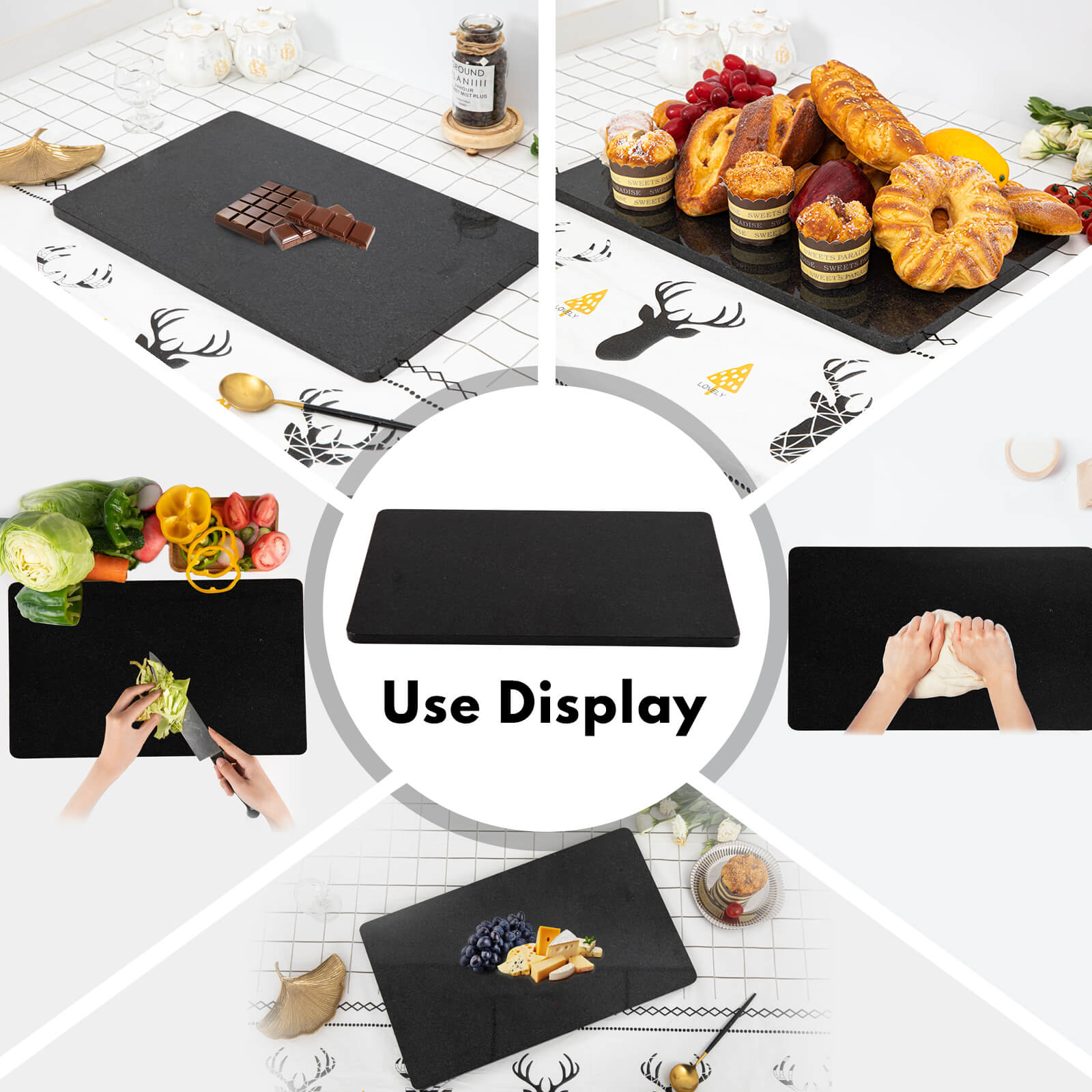 Granite Black Cutting Board, Pastry Board For Kitchen, Black Marble Slab Gift With Non-Slip Feets, 12x20 Inch, 1 Piece