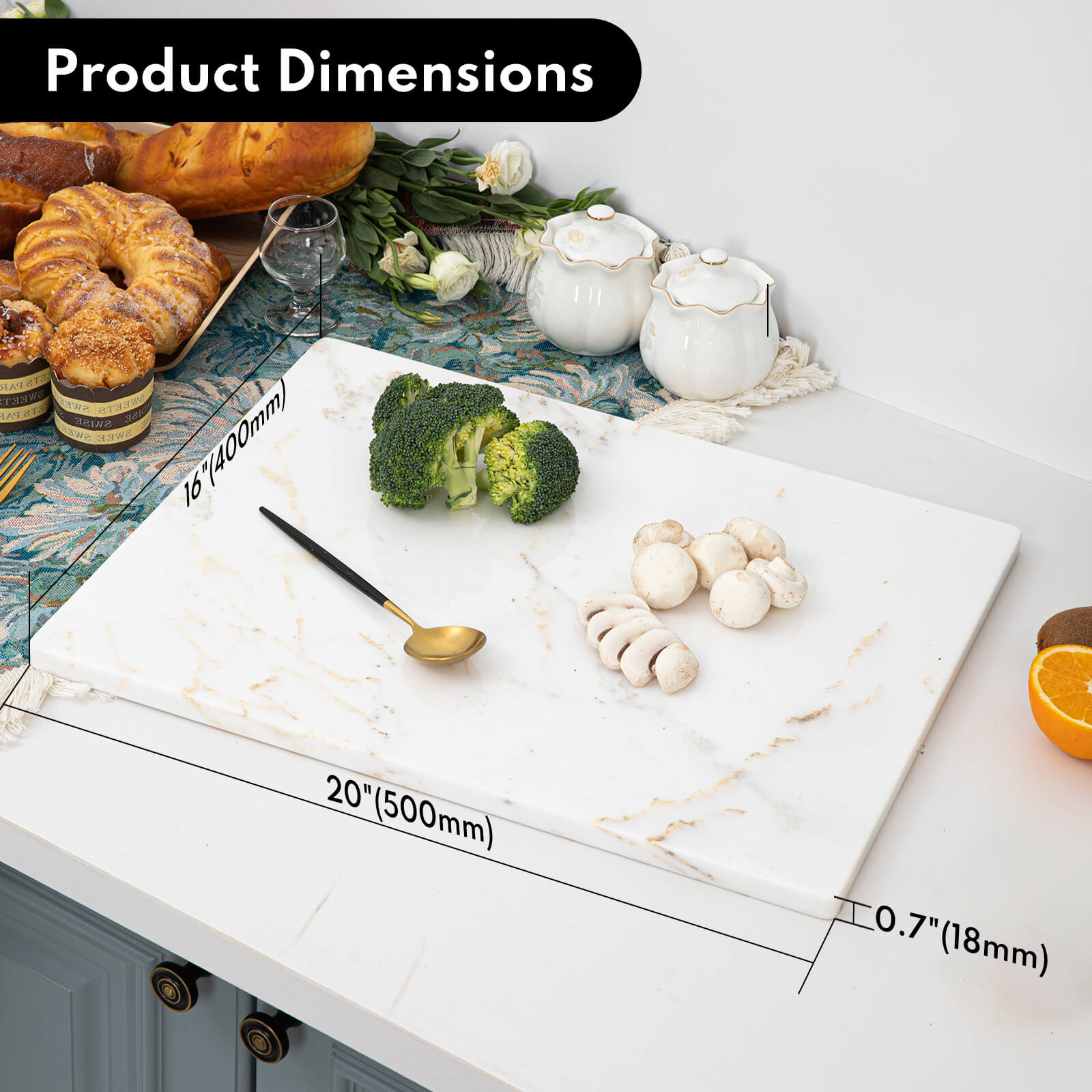 Luxury White Marble Cutting Board, Pastry Board For Kitchen, Large Calacatta Gold Marble Slab Gift With Non-Slip Feets, 16x20 Inch, 1 Piece