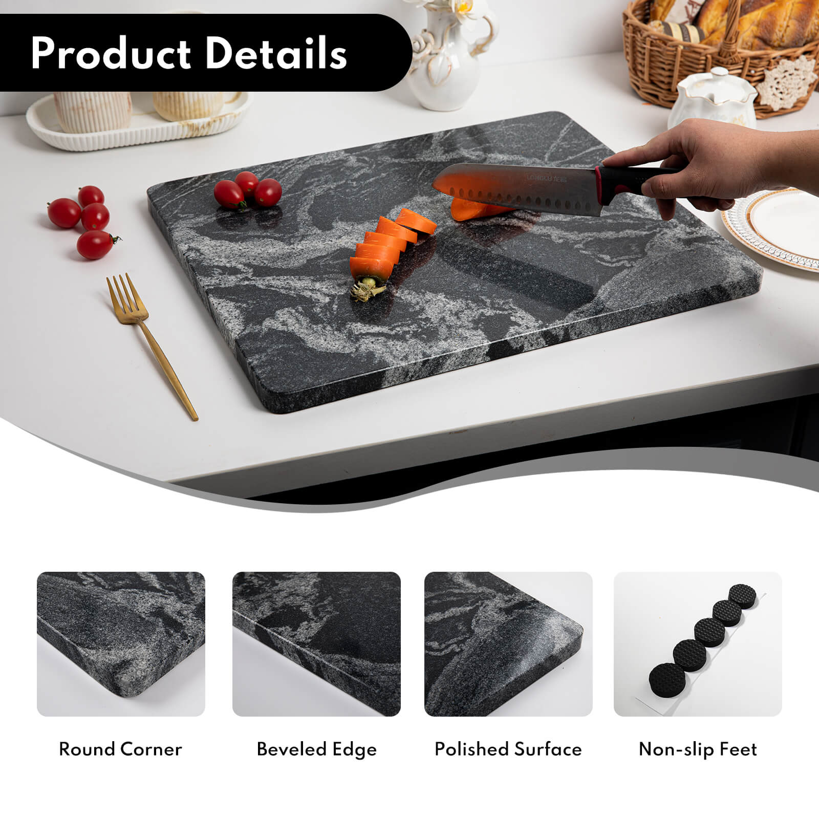 Lovdeco Marble Cutting Board, Pastry Board For Kitchen, Large Black With White Vine Marble Slab Gift With Non-Slip Feets, 16x20 Inch, 1 Piece