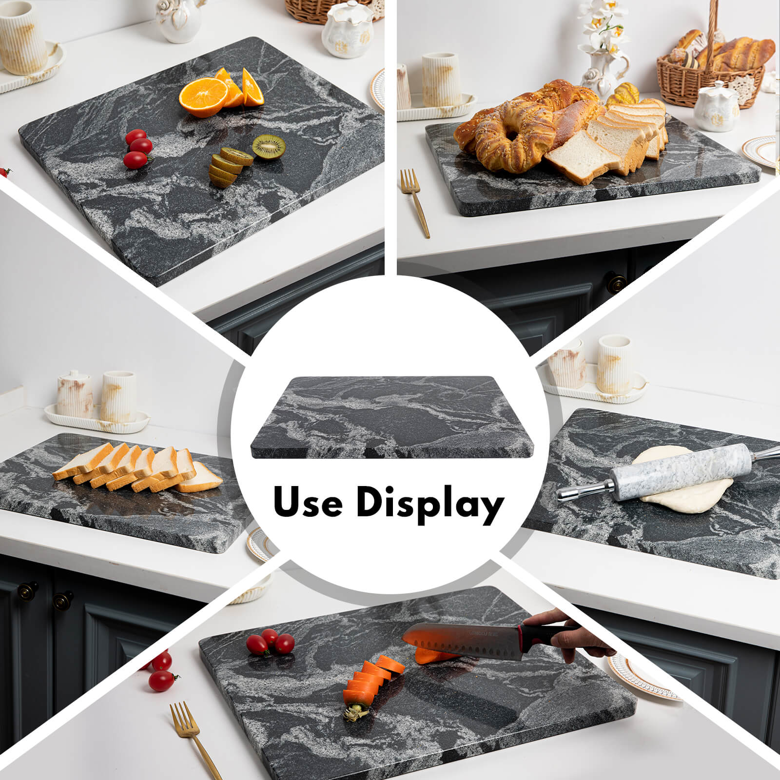 Lovdeco Marble Cutting Board, Pastry Board For Kitchen, Large Black With White Vine Marble Slab Gift With Non-Slip Feets, 16x20 Inch, 1 Piece