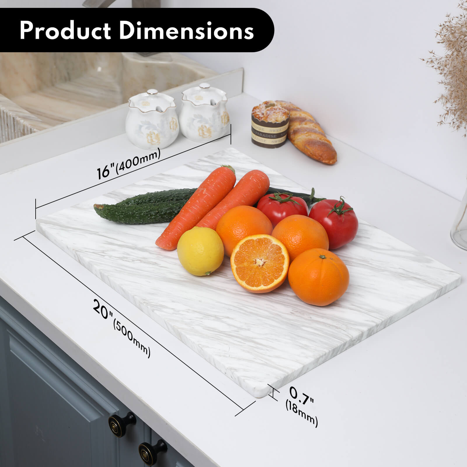 Lovdeco Large Marble Cutting Board 16"x20", 100% Natural Marble, Heavy Duty, Volakas White, Polished Surface for Pastry, Cheese, Serving & Kitchen Countertop – White with Brown Veining