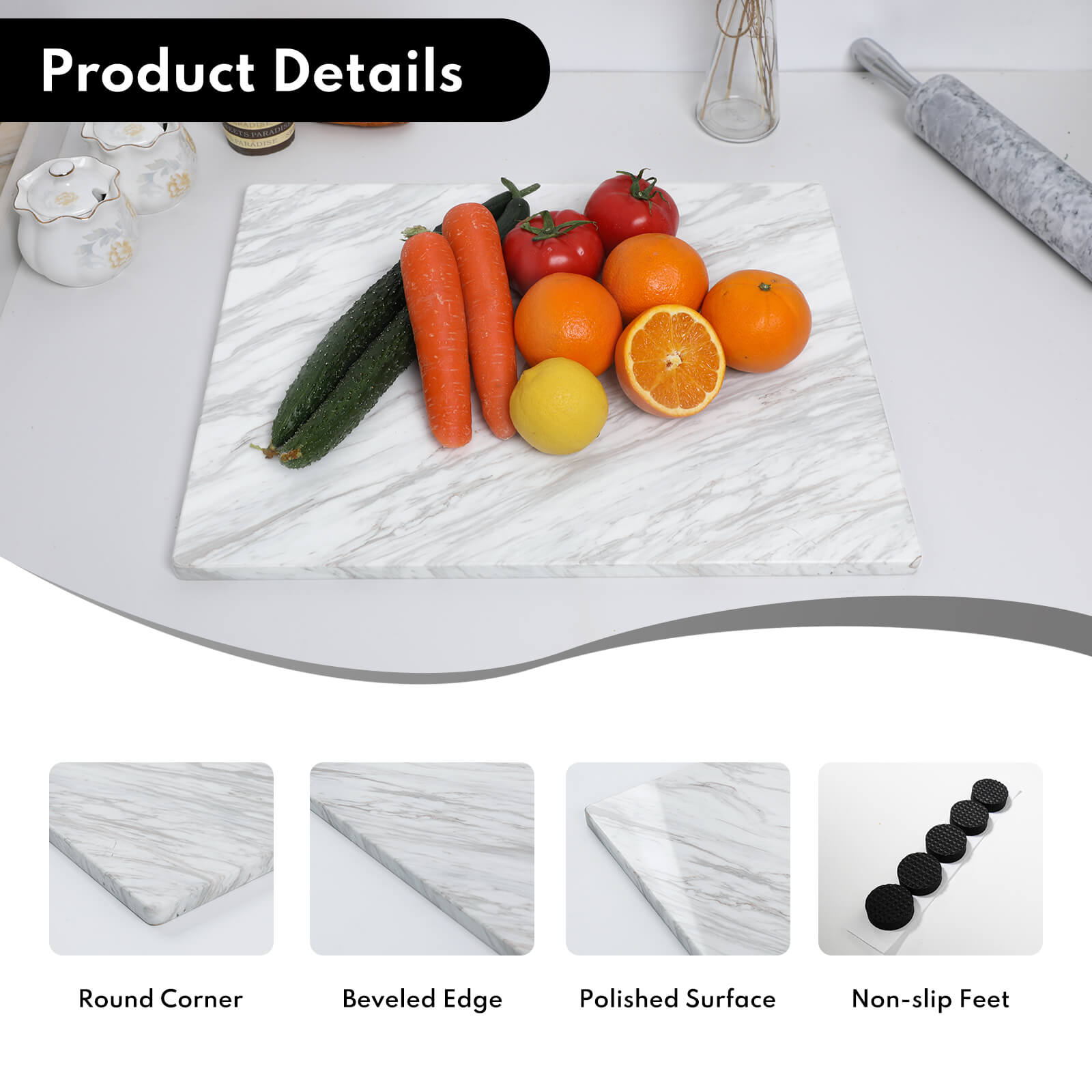 Lovdeco Large Marble Cutting Board 16"x20", 100% Natural Marble, Heavy Duty, Volakas White, Polished Surface for Pastry, Cheese, Serving & Kitchen Countertop – White with Brown Veining
