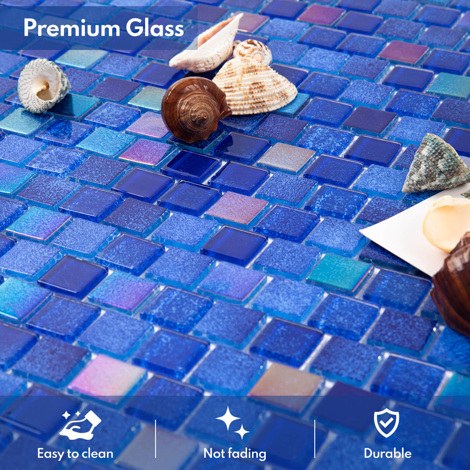 Glass Mosaic Tiles, Swimming Pool Tiles, Backsplash for Kitchen Bathroom Shower, Square, Blue, 12 x 12 Inches