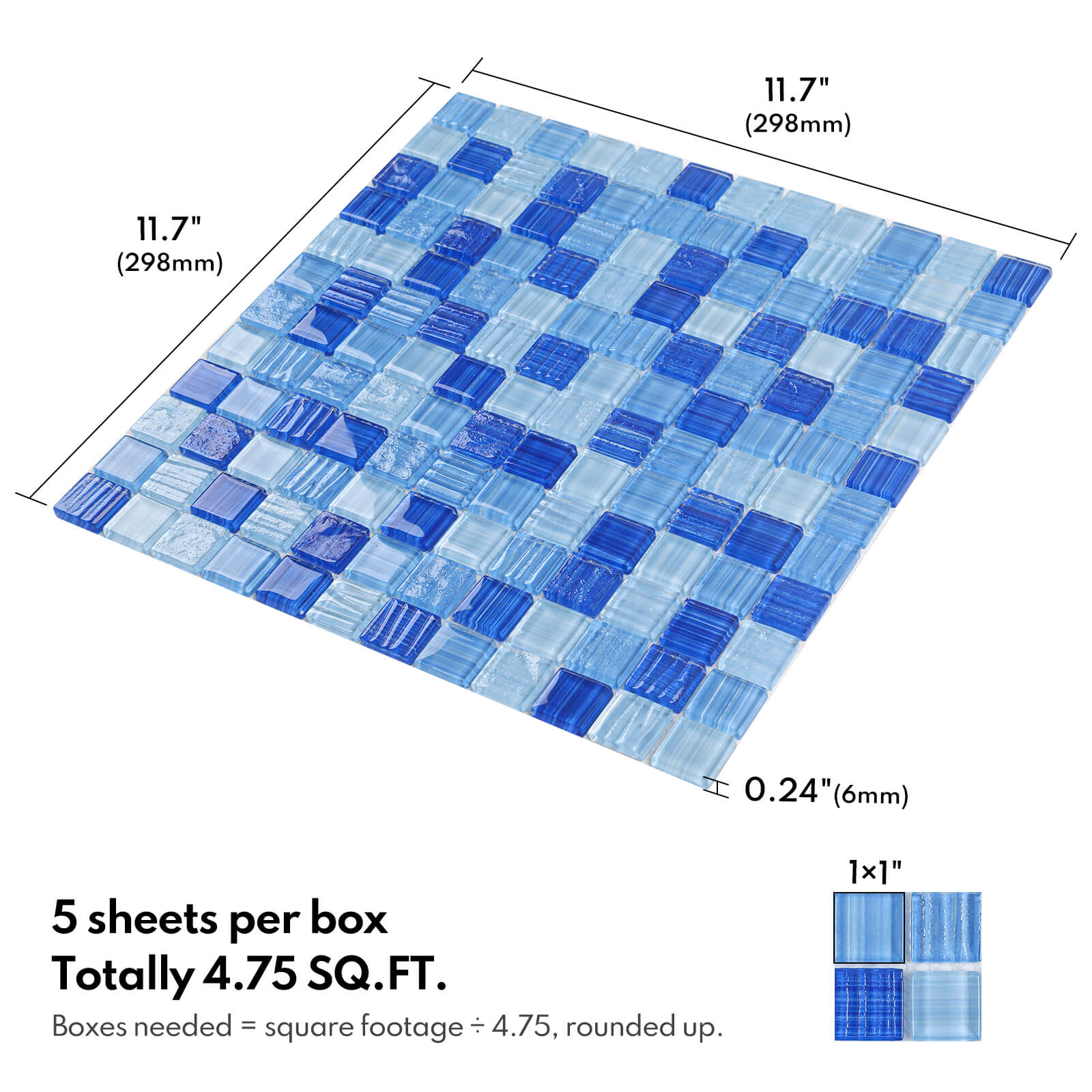 Lovdeco Glass Mosaic Tiles for Kitchen Backsplash, Swimming Pool Tiles, Bathroom Shower, Square Glass Tile, Mixed Blue, 12 x12 Inches, 4.8 SQ.FT.