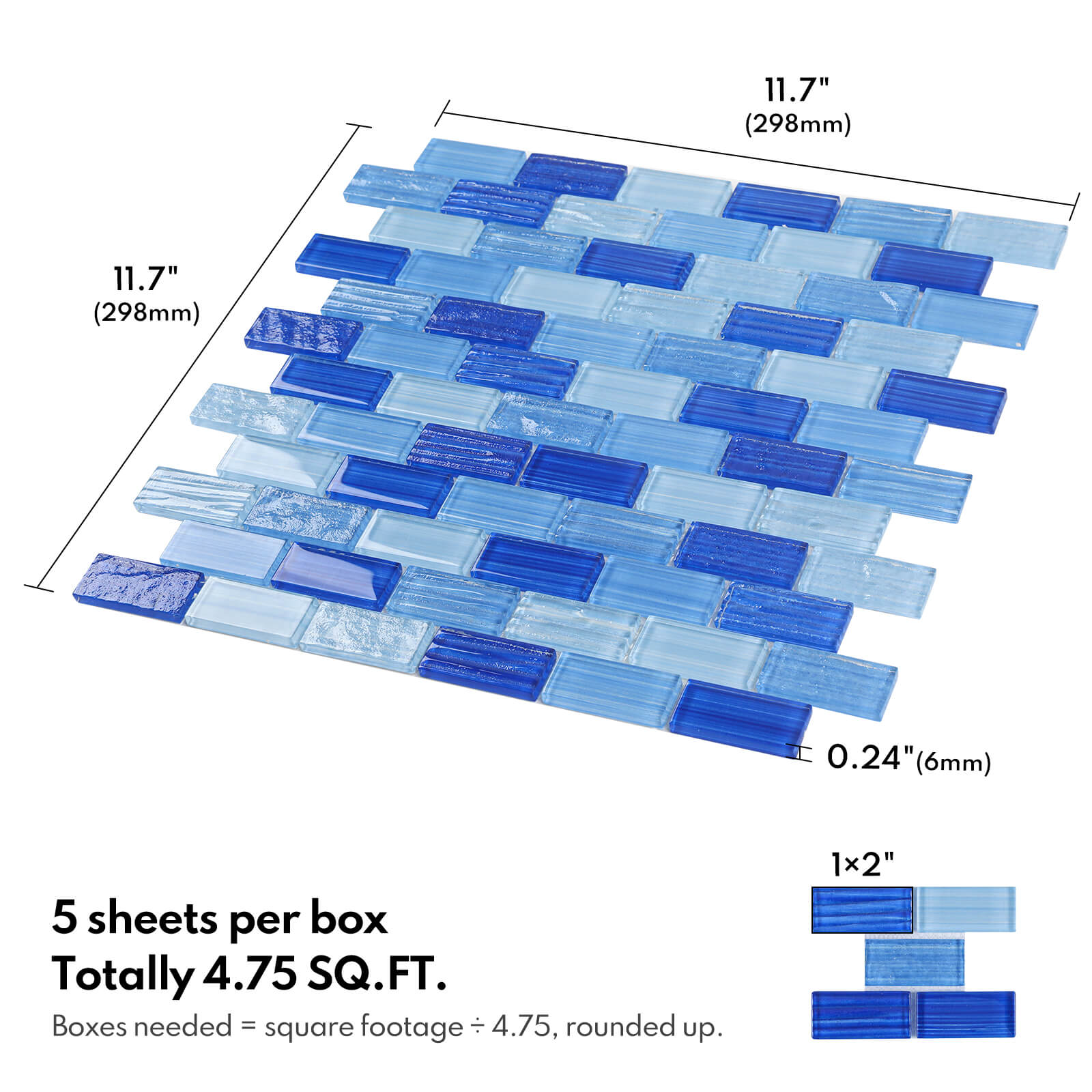 Lovdeco Glass Mosaic Tiles for Kitchen Backsplash, Swimming Pool Tiles, Bathroom Shower, Small Subway Glass Tile, Mixed Blue, 12 x12 Inches, 4.8 SQ.FT.