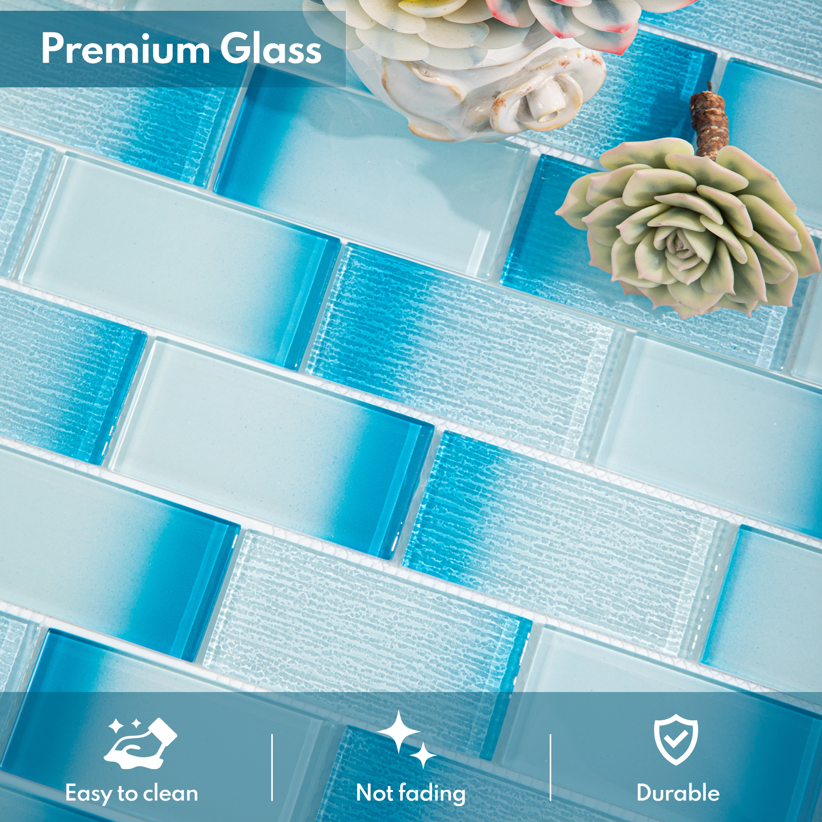 Glass Mosaic Tiles, Swimming Pool Tiles, Backsplash for Kitchen Bathroom Shower, Subway, Gradient Blue, 12 x12 Inches