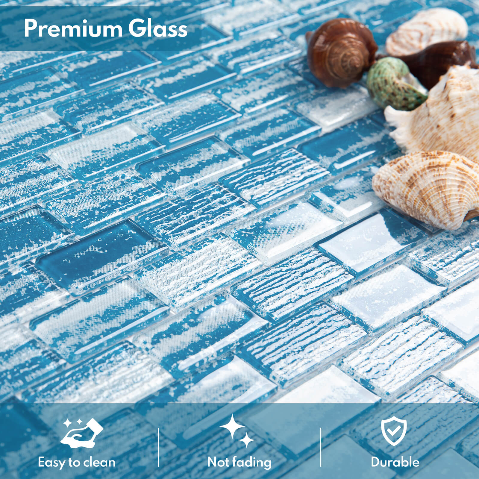 Glass Mosaic Tiles, Swimming Pool Tiles, Backsplash for Kitchen Bathroom Shower, Subway, Flat Blue, 12 x 12 Inches